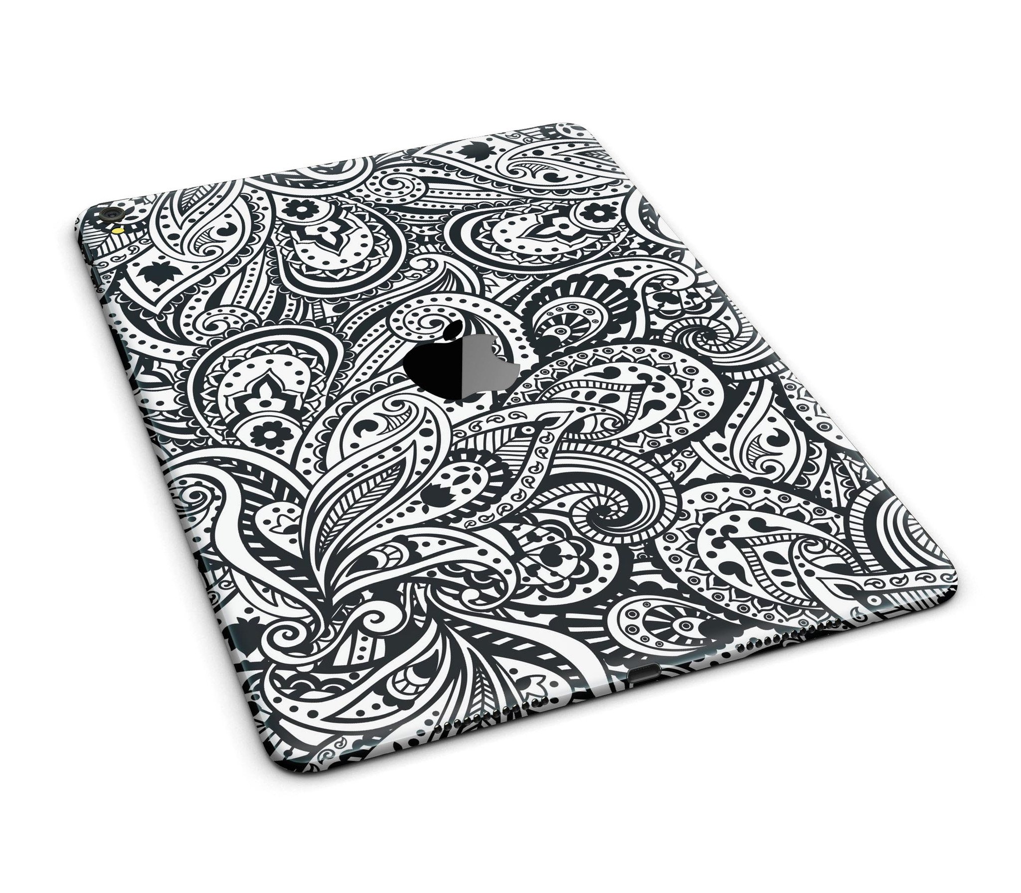 Black and White Aztec Paisley Full Body Skin for iPad Pro, showcasing intricate patterns and premium vinyl material.