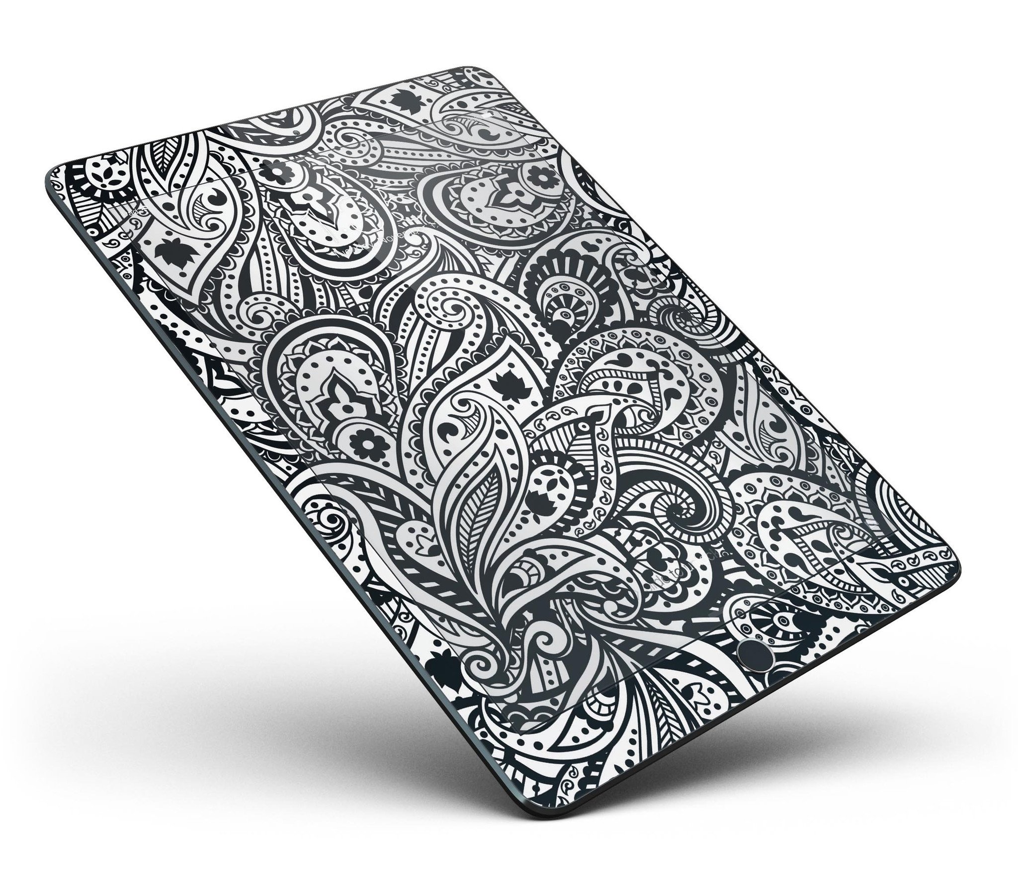 Black and White Aztec Paisley Full Body Skin for iPad Pro, showcasing intricate patterns and premium vinyl material.