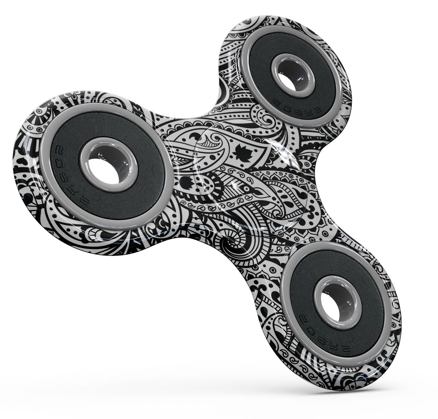 Black and white Aztec paisley design skin kit for fidget spinner, showcasing intricate patterns and premium vinyl material.