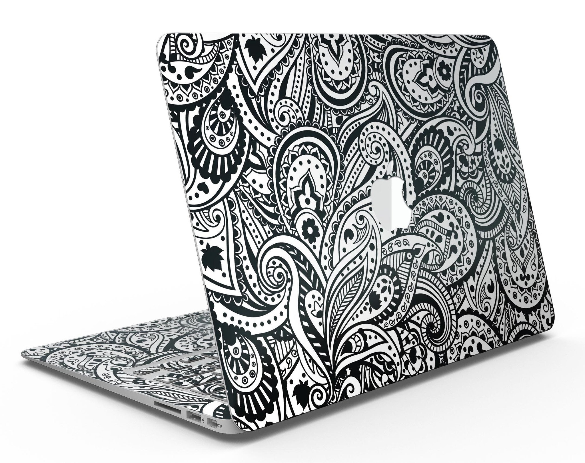 Black and White Aztec Paisley Skin Kit for MacBook Air, showcasing intricate paisley patterns on a sleek vinyl surface.