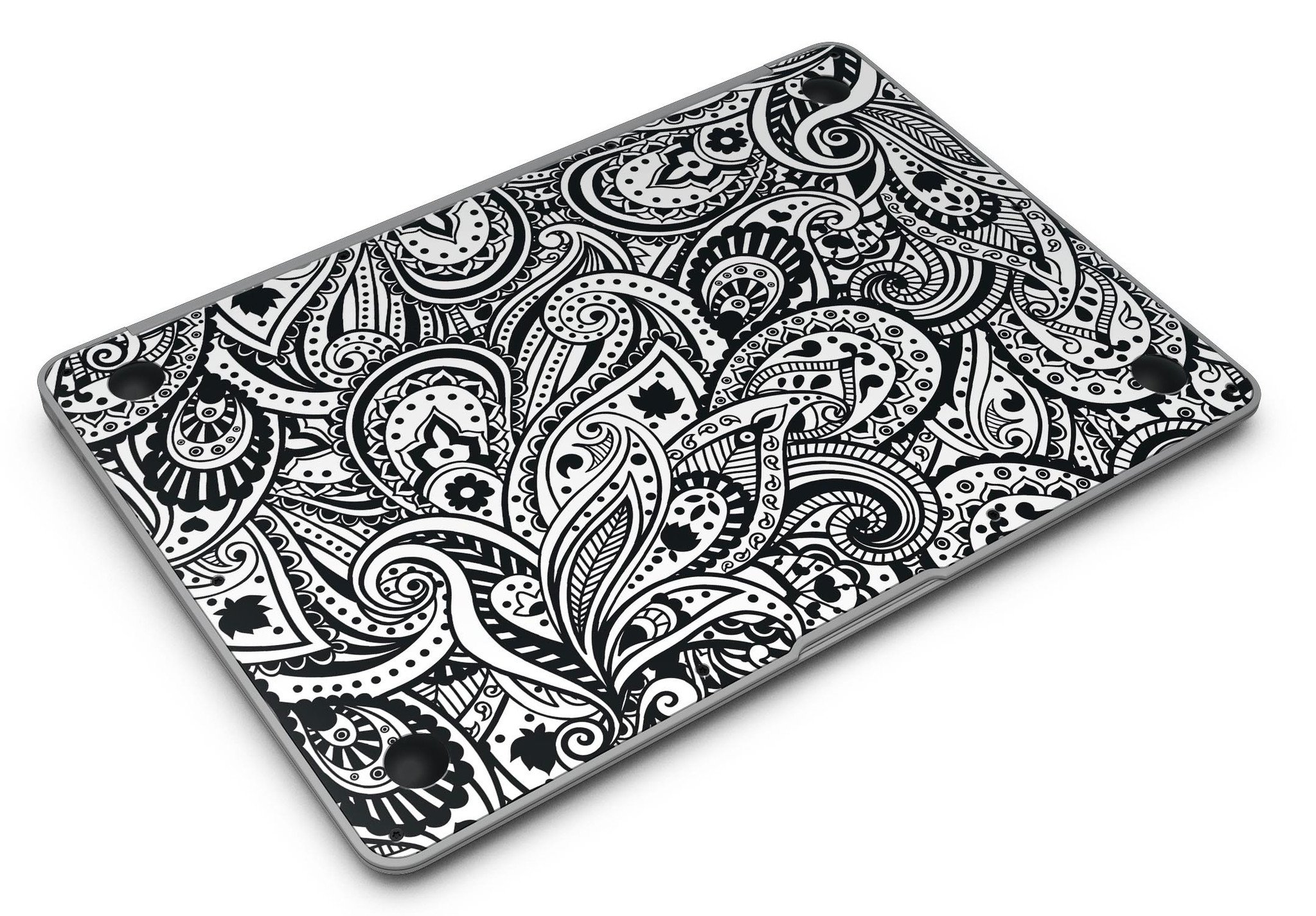 Black and White Aztec Paisley Skin Kit for MacBook Air, showcasing intricate paisley patterns on a sleek vinyl surface.