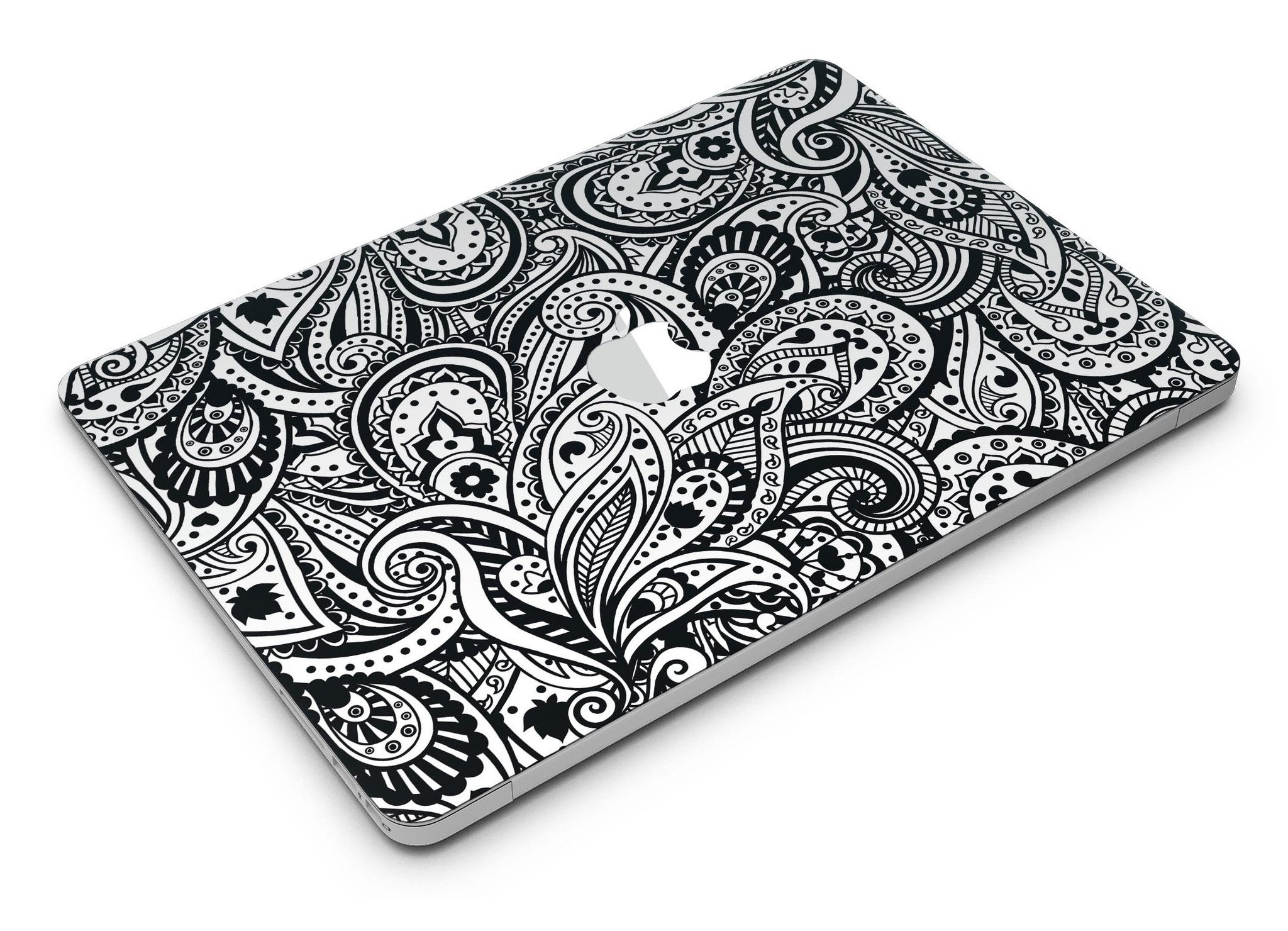 Black and White Aztec Paisley Skin Kit for MacBook Air, showcasing intricate paisley patterns on a sleek vinyl surface.