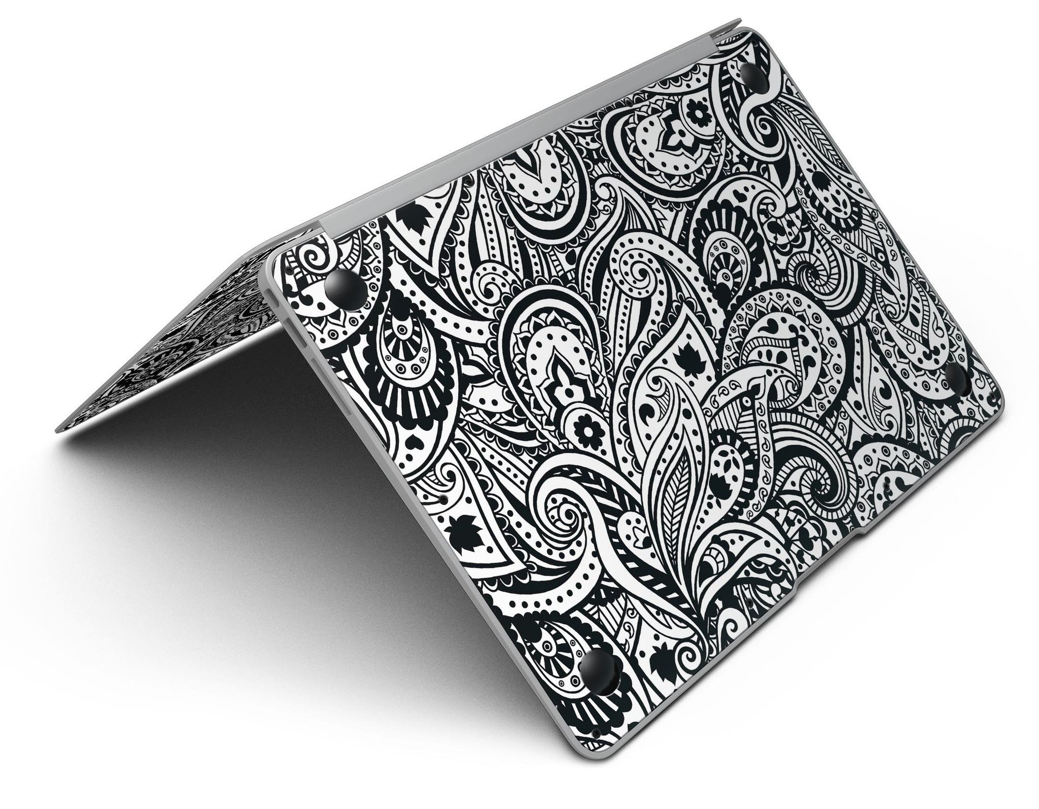 Black and White Aztec Paisley Skin Kit for MacBook Air, showcasing intricate paisley patterns on a sleek vinyl surface.