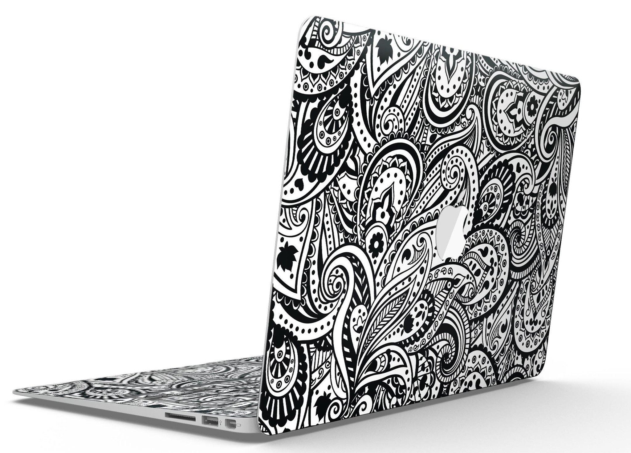 Black and White Aztec Paisley Skin Kit for MacBook Air, showcasing intricate paisley patterns on a sleek vinyl surface.