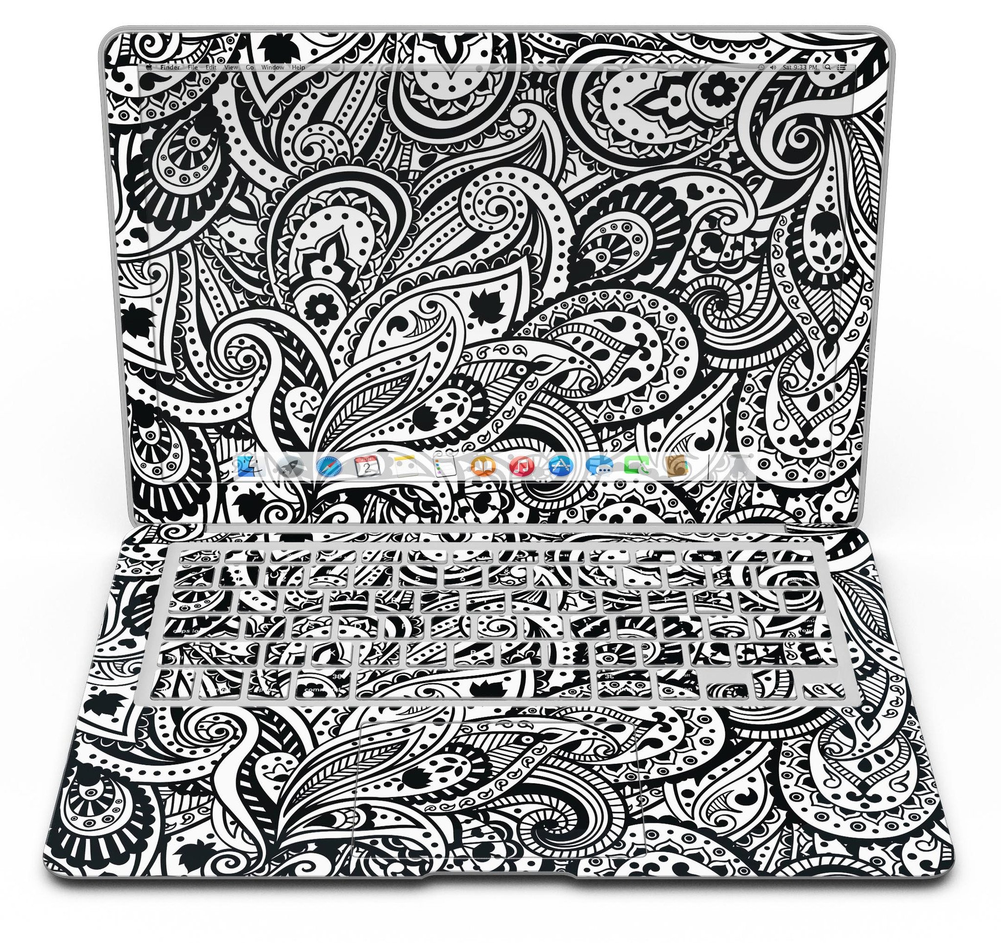 Black and White Aztec Paisley Skin Kit for MacBook Air, showcasing intricate paisley patterns on a sleek vinyl surface.