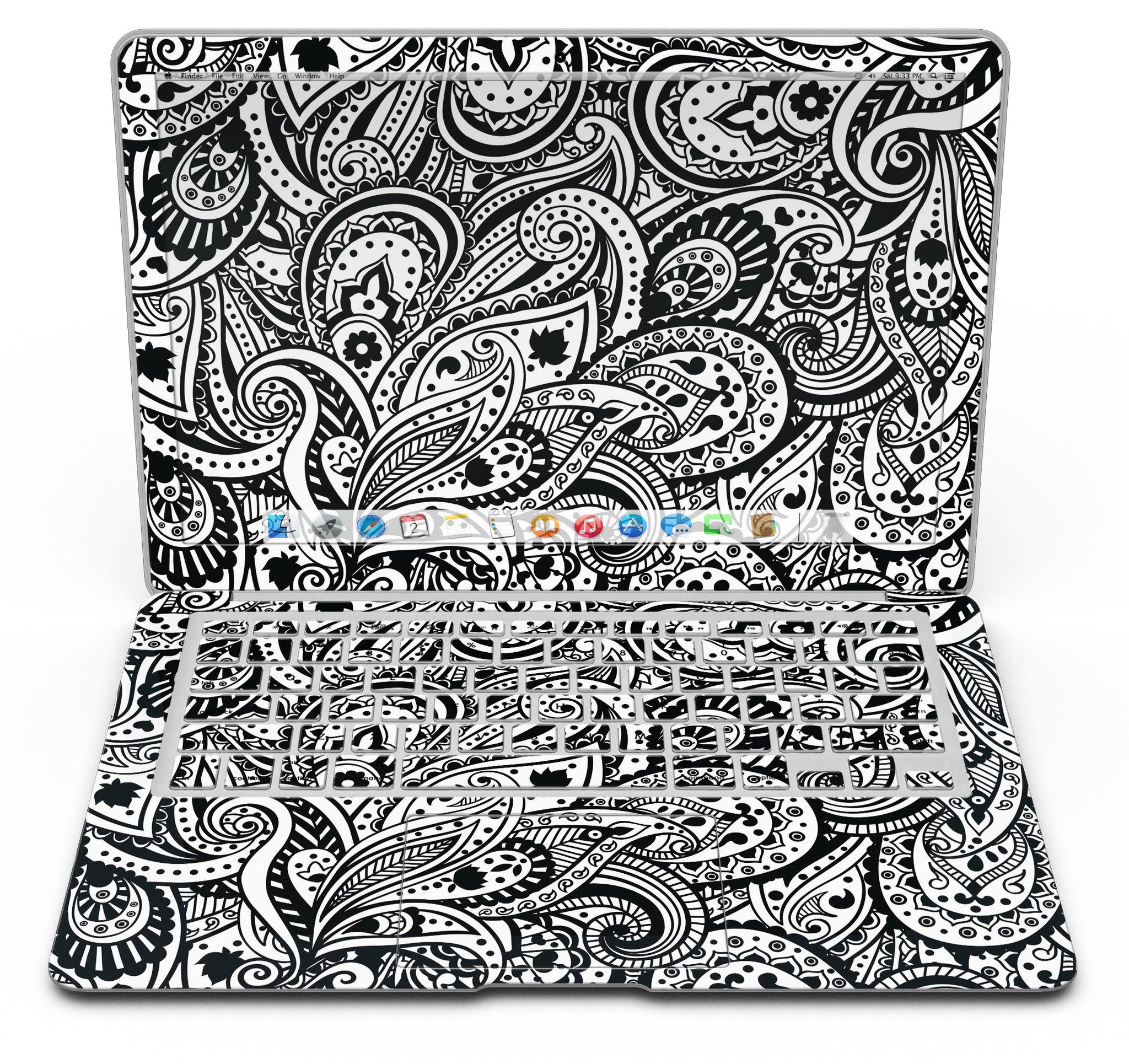 Black and White Aztec Paisley Skin Kit for MacBook Air, showcasing intricate paisley patterns on a sleek vinyl surface.