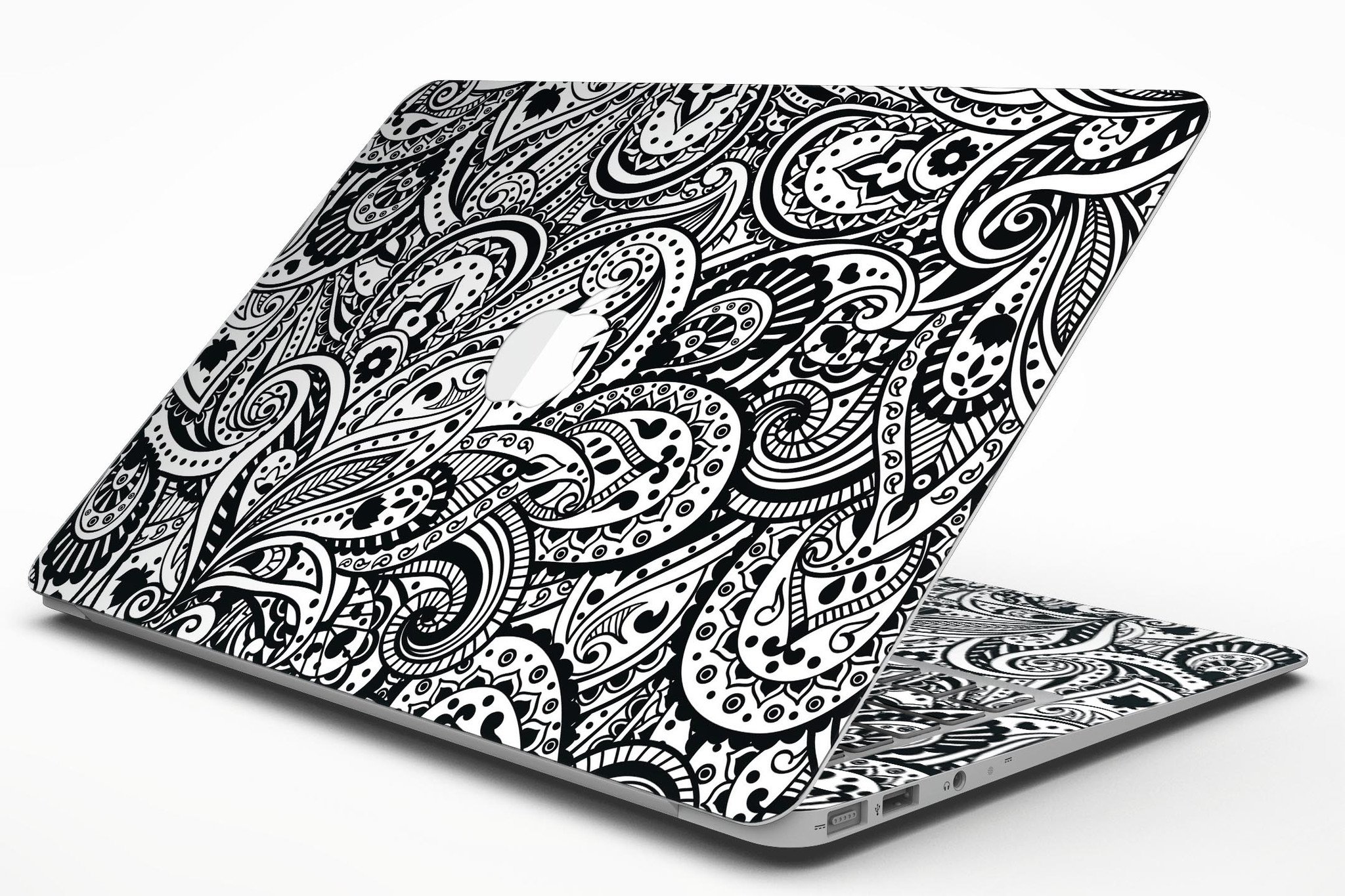 Black and White Aztec Paisley Skin Kit for MacBook Air, showcasing intricate paisley patterns on a sleek vinyl surface.