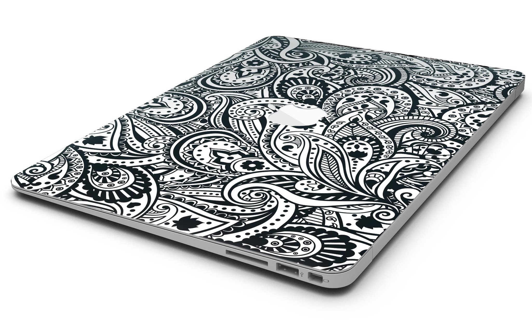 Black and White Aztec Paisley Skin Kit for MacBook Air, showcasing intricate paisley patterns on a sleek vinyl surface.