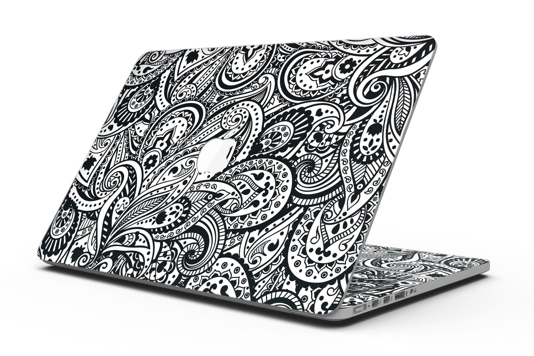 Black and White Aztec Paisley skin for MacBook Pro with Retina Display, showcasing intricate patterns and vibrant colors.