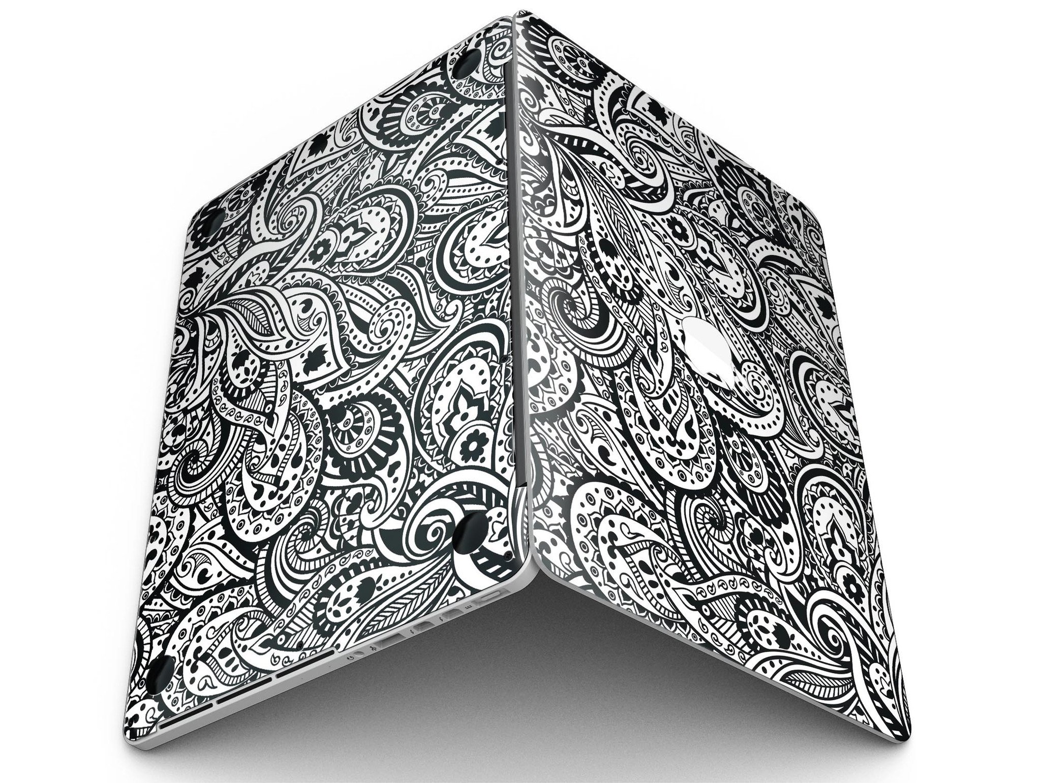 Black and White Aztec Paisley skin for MacBook Pro with Retina Display, showcasing intricate patterns and vibrant colors.