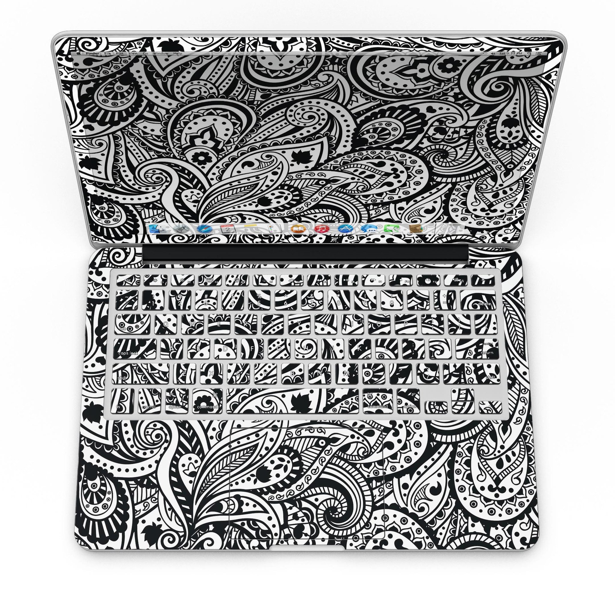 Black and White Aztec Paisley skin for MacBook Pro with Retina Display, showcasing intricate patterns and vibrant colors.