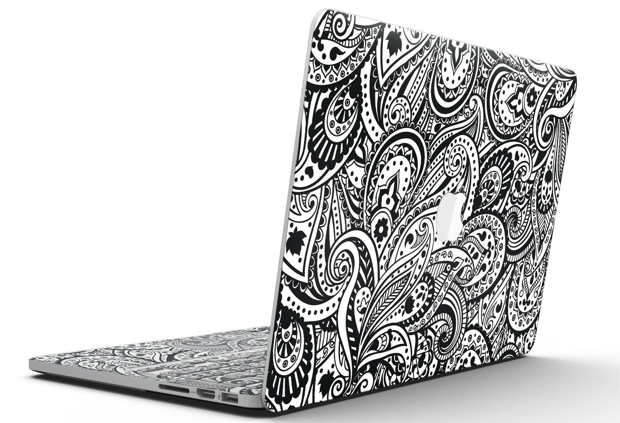 Black and White Aztec Paisley skin for MacBook Pro with Retina Display, showcasing intricate patterns and vibrant colors.