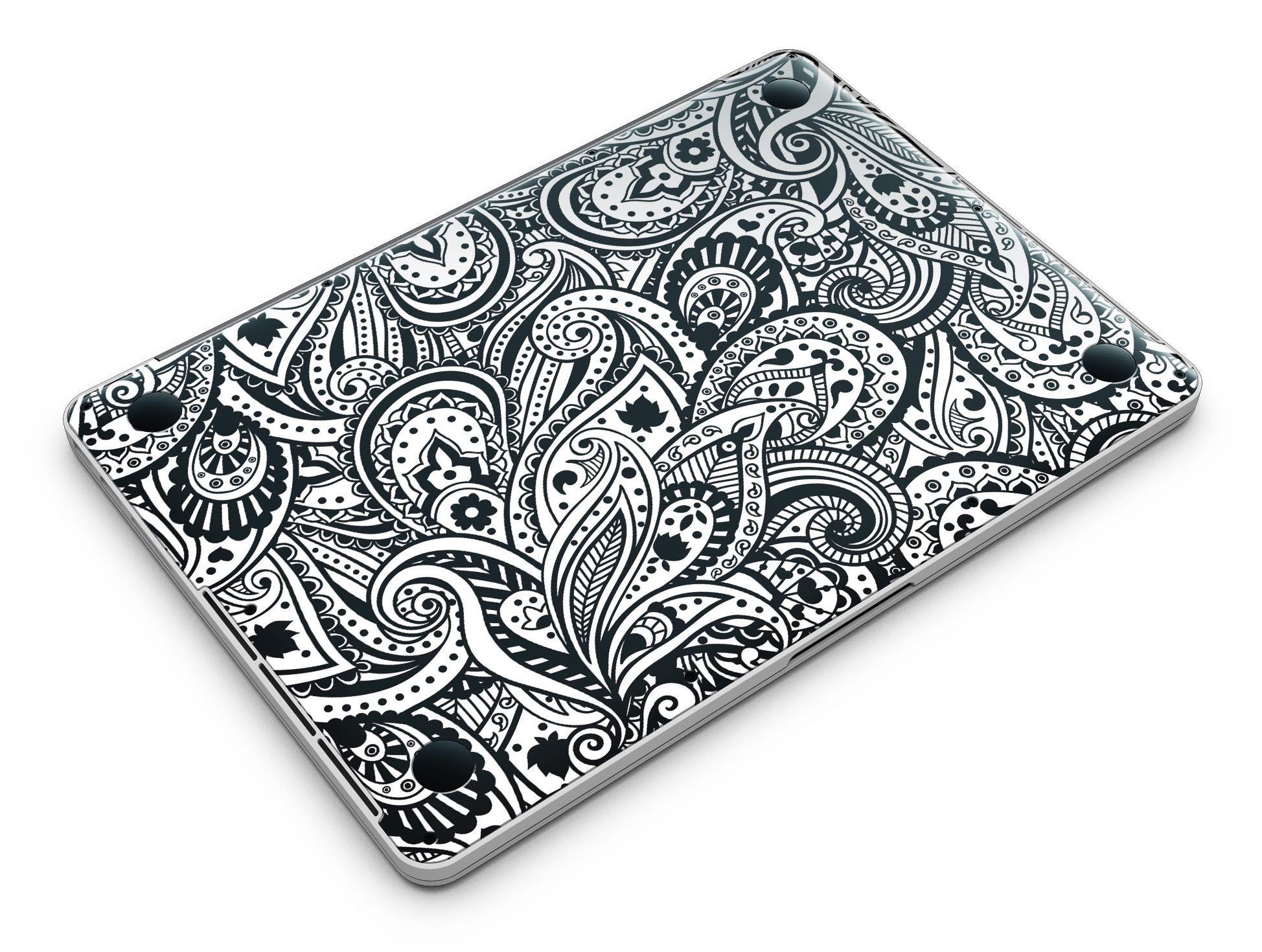 Black and White Aztec Paisley skin for MacBook Pro with Retina Display, showcasing intricate patterns and vibrant colors.