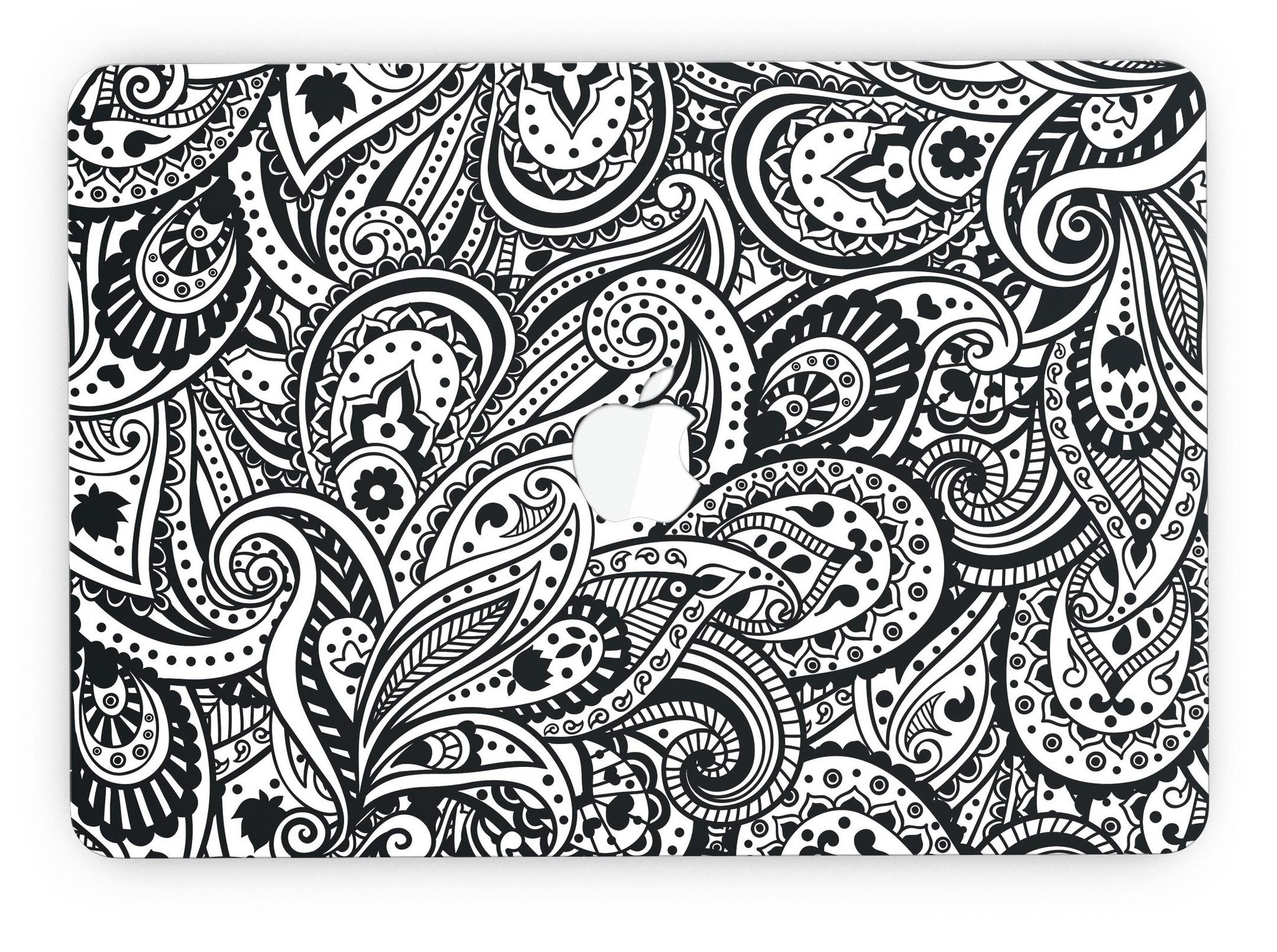 Black and White Aztec Paisley skin for MacBook Pro with Retina Display, showcasing intricate patterns and vibrant colors.