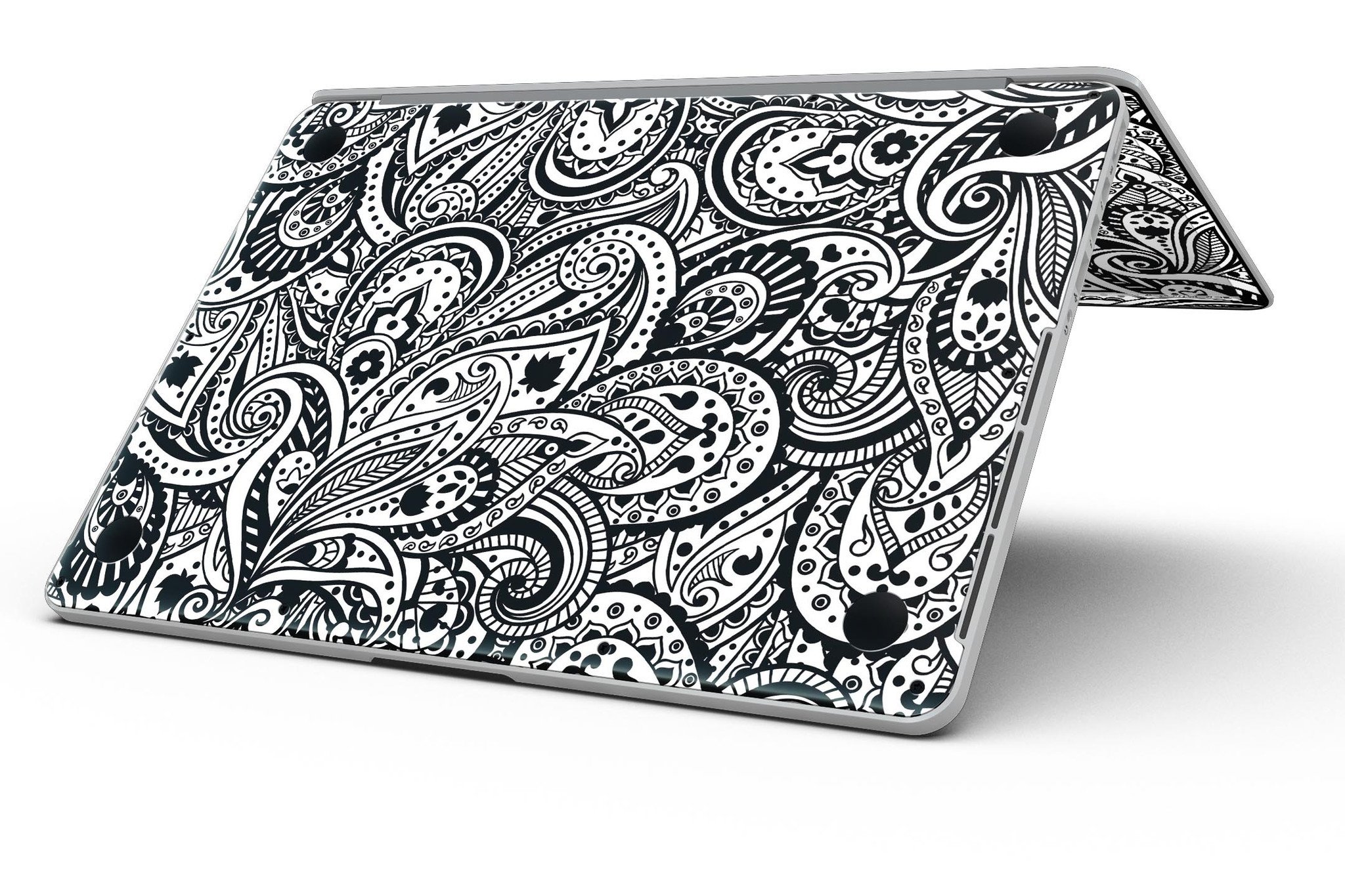 Black and White Aztec Paisley skin for MacBook Pro with Retina Display, showcasing intricate patterns and vibrant colors.