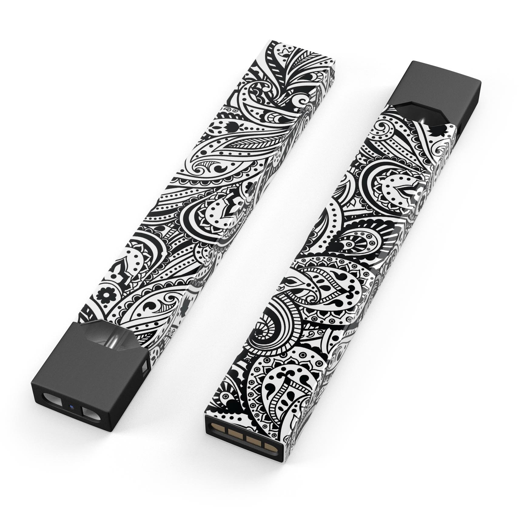 Black and White Aztec Paisley skin-wrap for JUUL device, showcasing intricate patterns and premium quality.