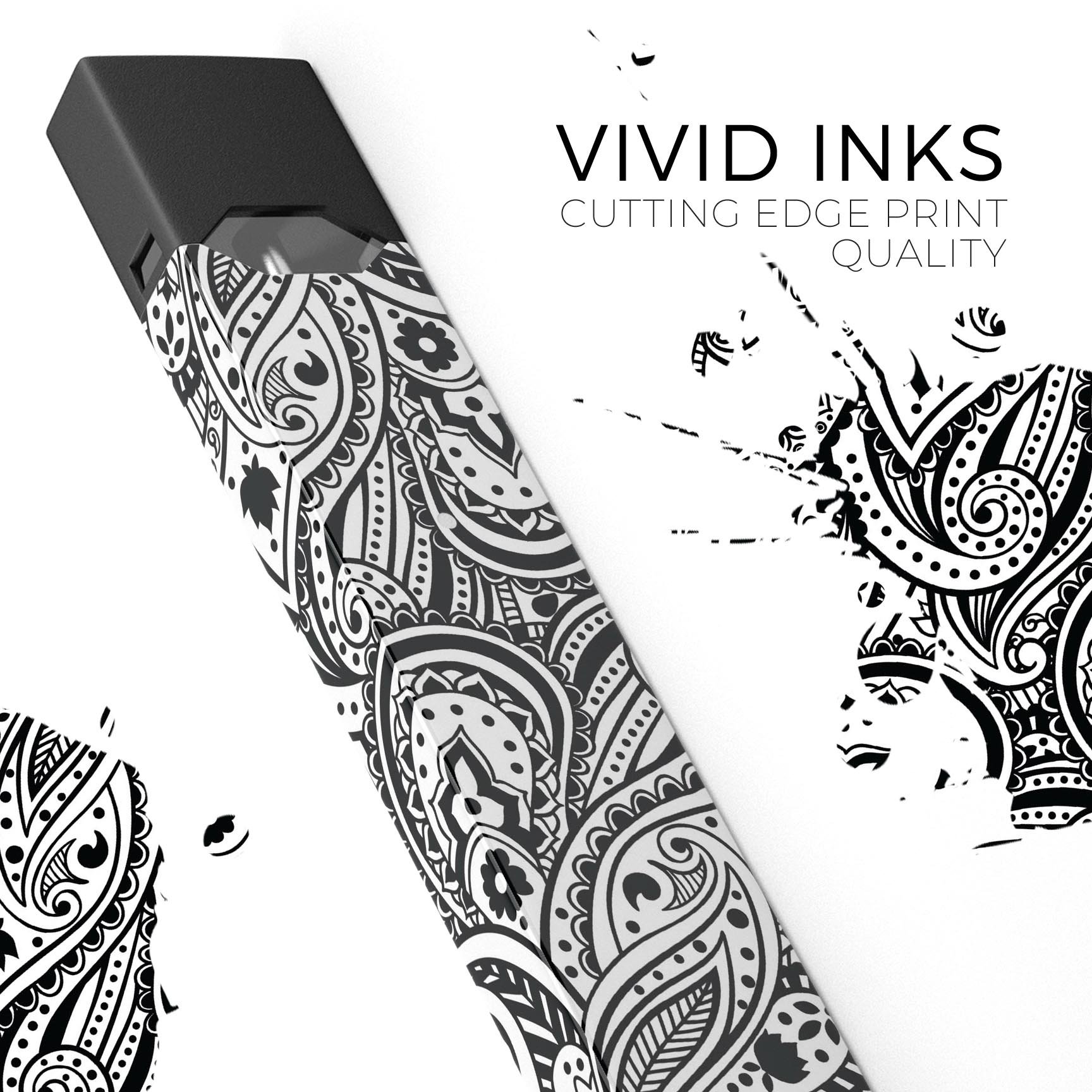 Black and White Aztec Paisley skin-wrap for JUUL device, showcasing intricate patterns and premium quality.