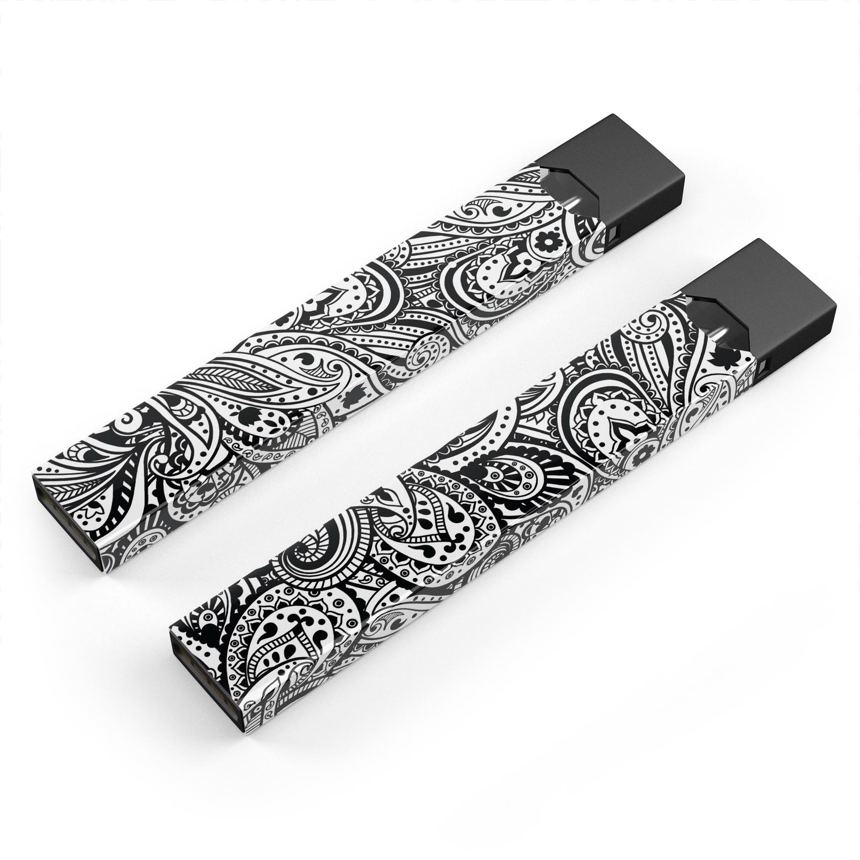 Black and White Aztec Paisley skin-wrap for JUUL device, showcasing intricate patterns and premium quality.