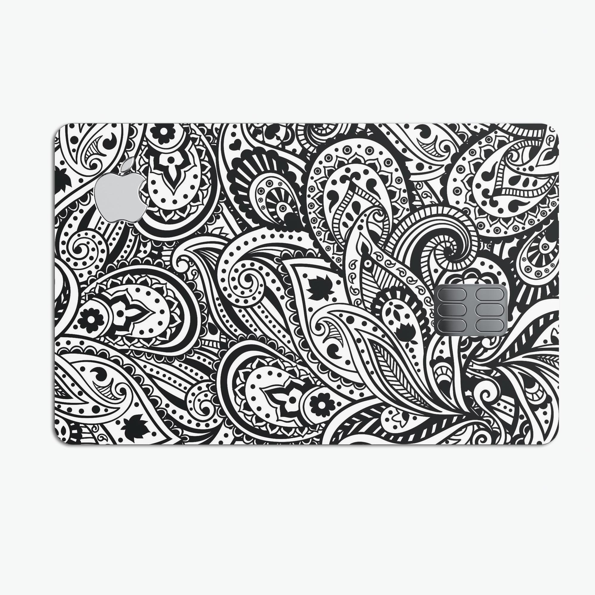 Black and White Aztec Paisley decal skin for Apple Card, showcasing intricate patterns and premium finish.