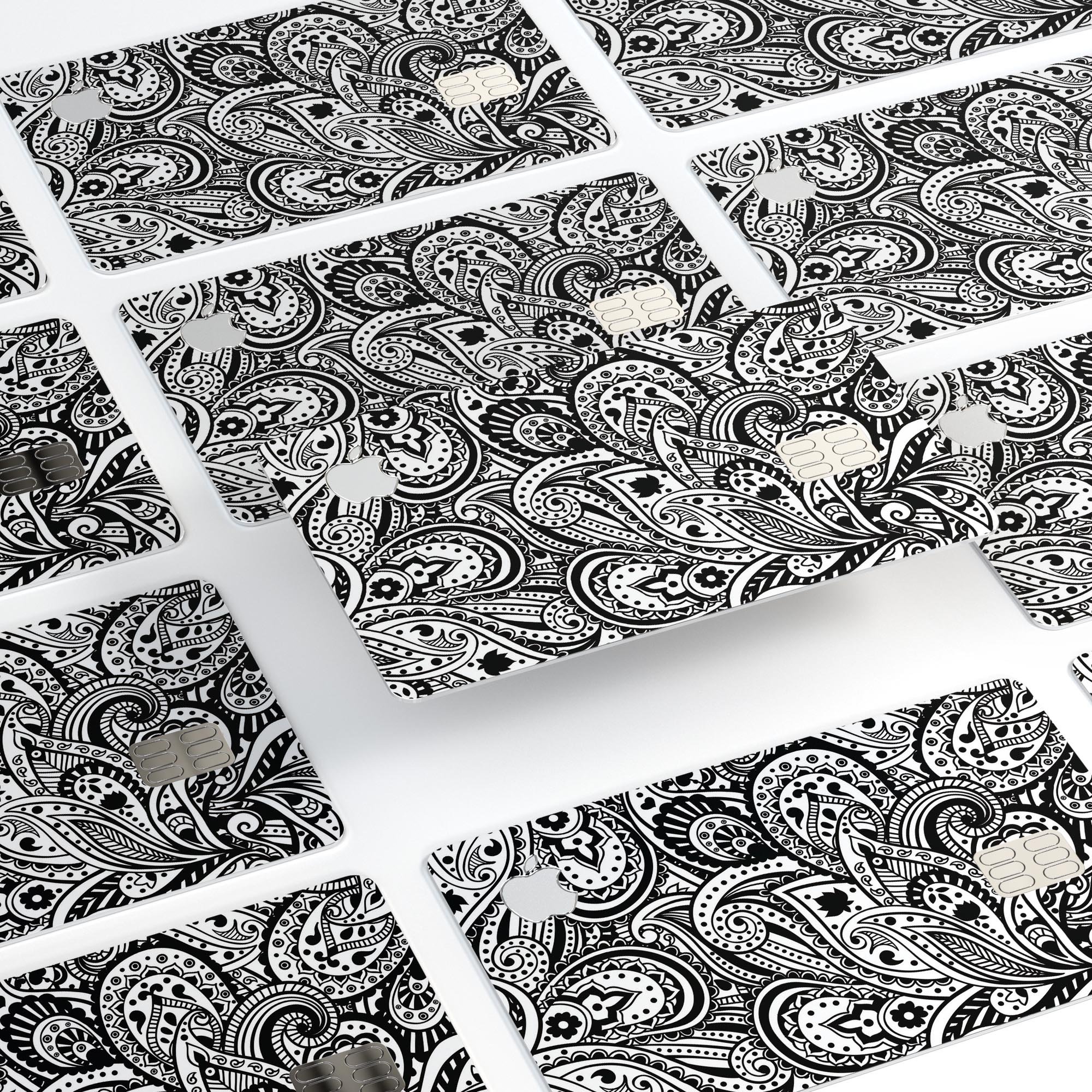 Black and White Aztec Paisley decal skin for Apple Card, showcasing intricate patterns and premium finish.