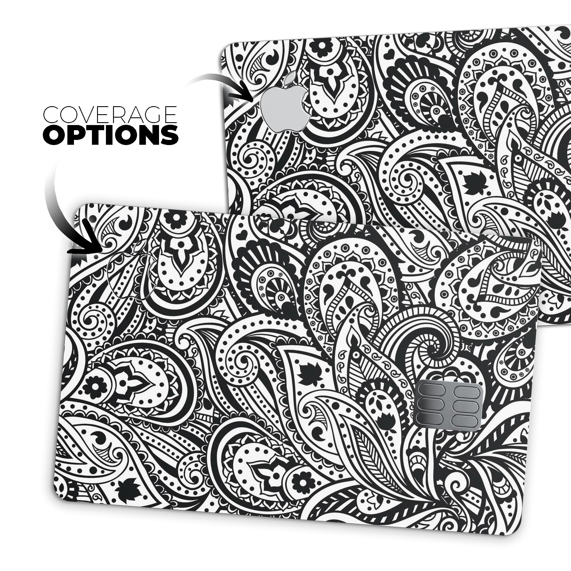 Black and White Aztec Paisley decal skin for Apple Card, showcasing intricate patterns and premium finish.