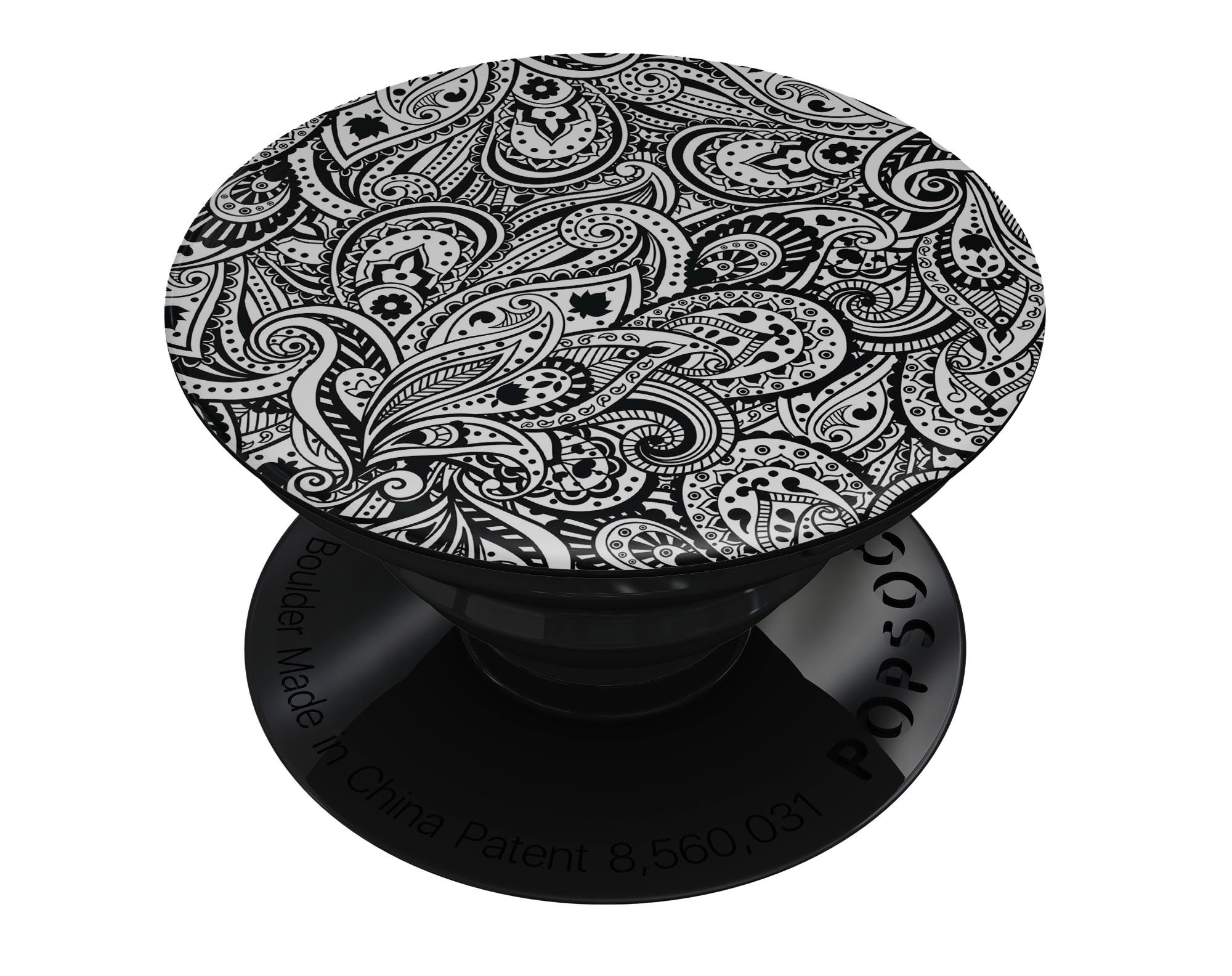 Black and White Aztec Paisley Skin Kit for PopSockets, showcasing intricate patterns and vibrant colors on a smartphone grip.