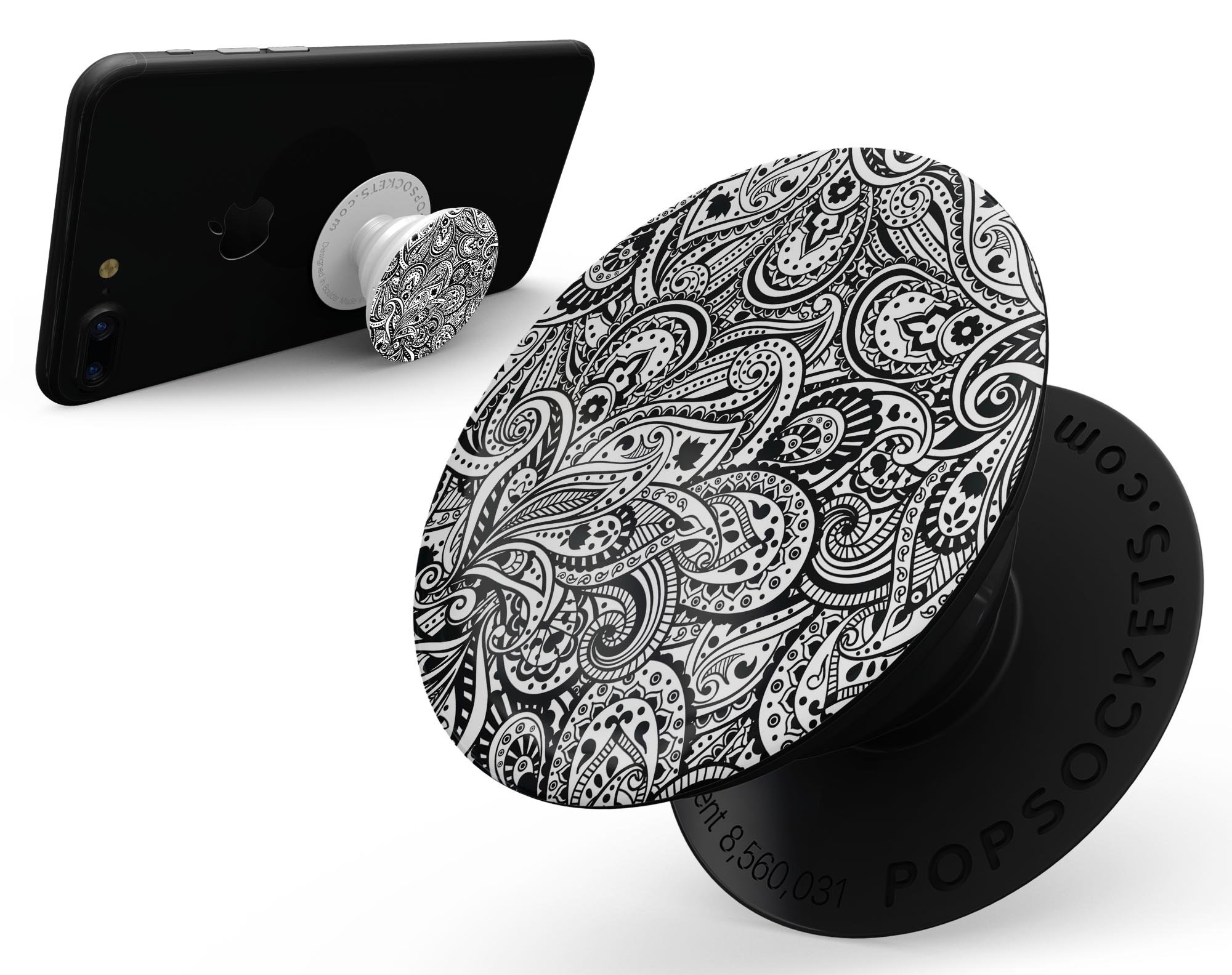 Black and White Aztec Paisley Skin Kit for PopSockets, showcasing intricate patterns and vibrant colors on a smartphone grip.