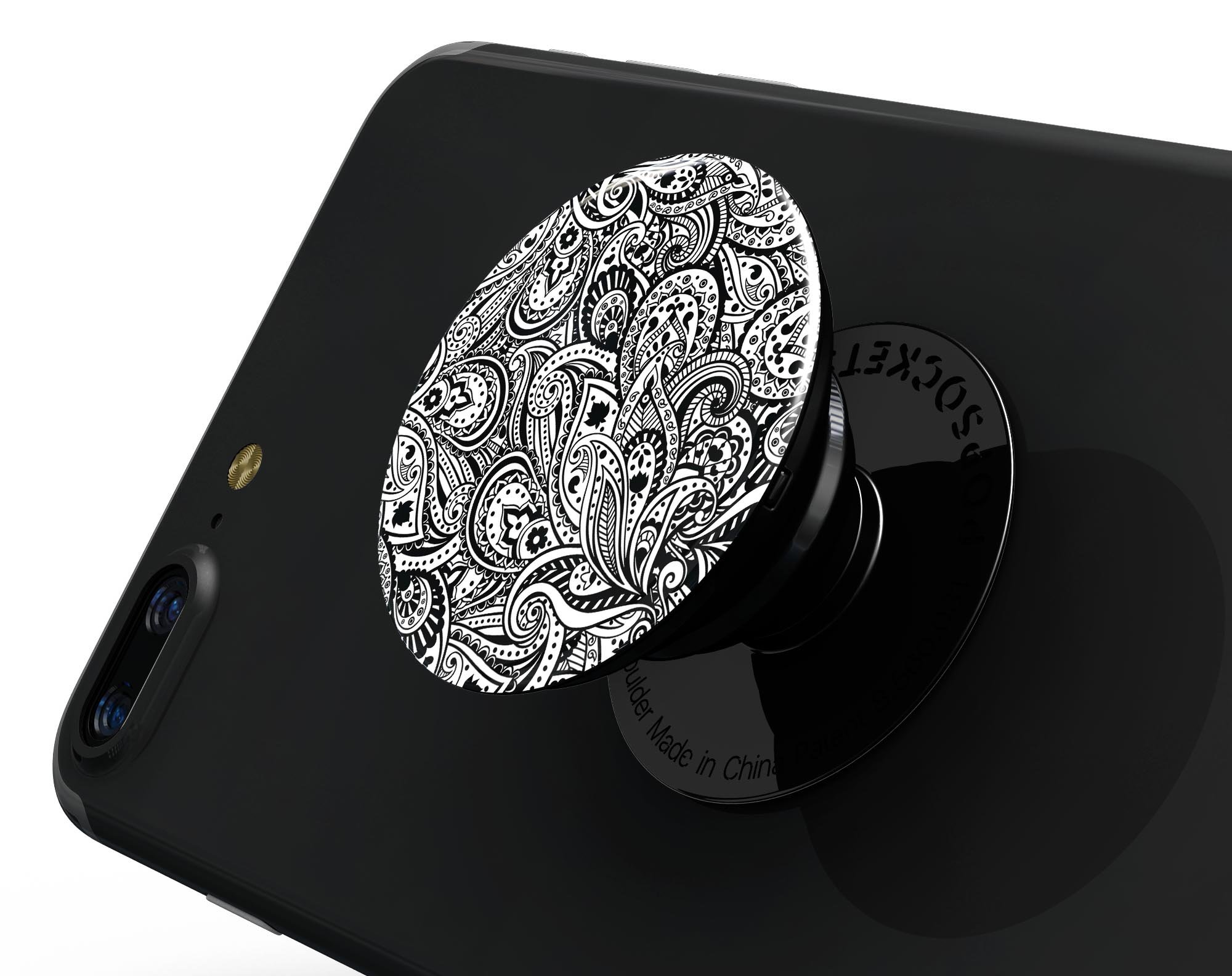 Black and White Aztec Paisley Skin Kit for PopSockets, showcasing intricate patterns and vibrant colors on a smartphone grip.