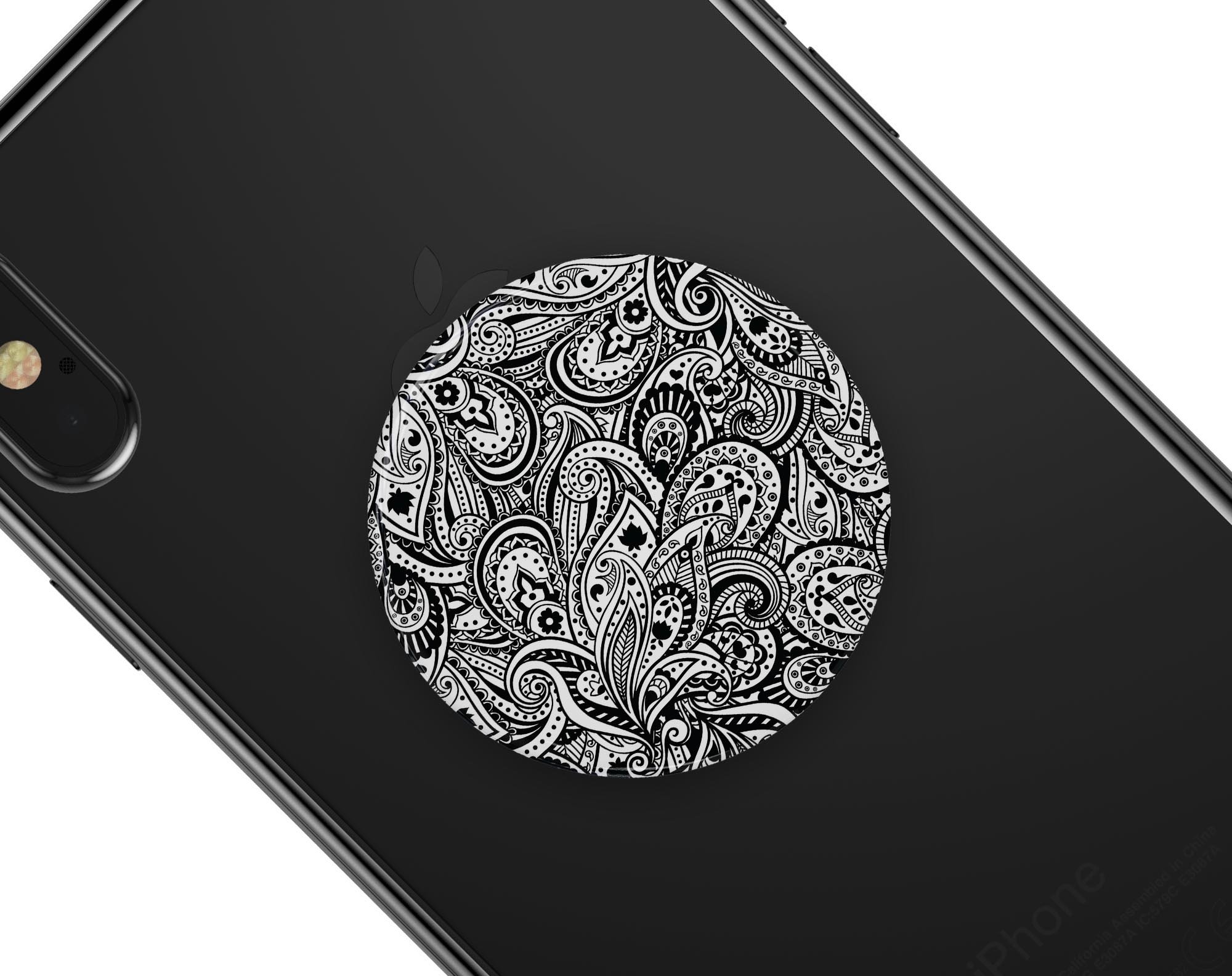 Black and White Aztec Paisley Skin Kit for PopSockets, showcasing intricate patterns and vibrant colors on a smartphone grip.