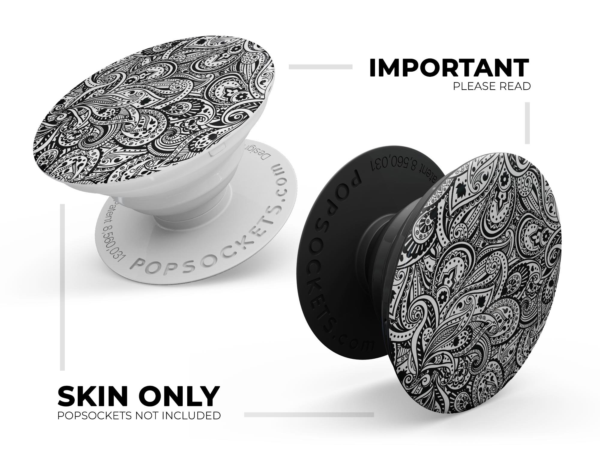 Black and White Aztec Paisley Skin Kit for PopSockets, showcasing intricate patterns and vibrant colors on a smartphone grip.