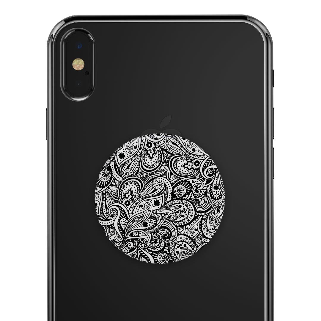 Black and White Aztec Paisley Skin Kit for PopSockets, showcasing intricate patterns and vibrant colors on a smartphone grip.