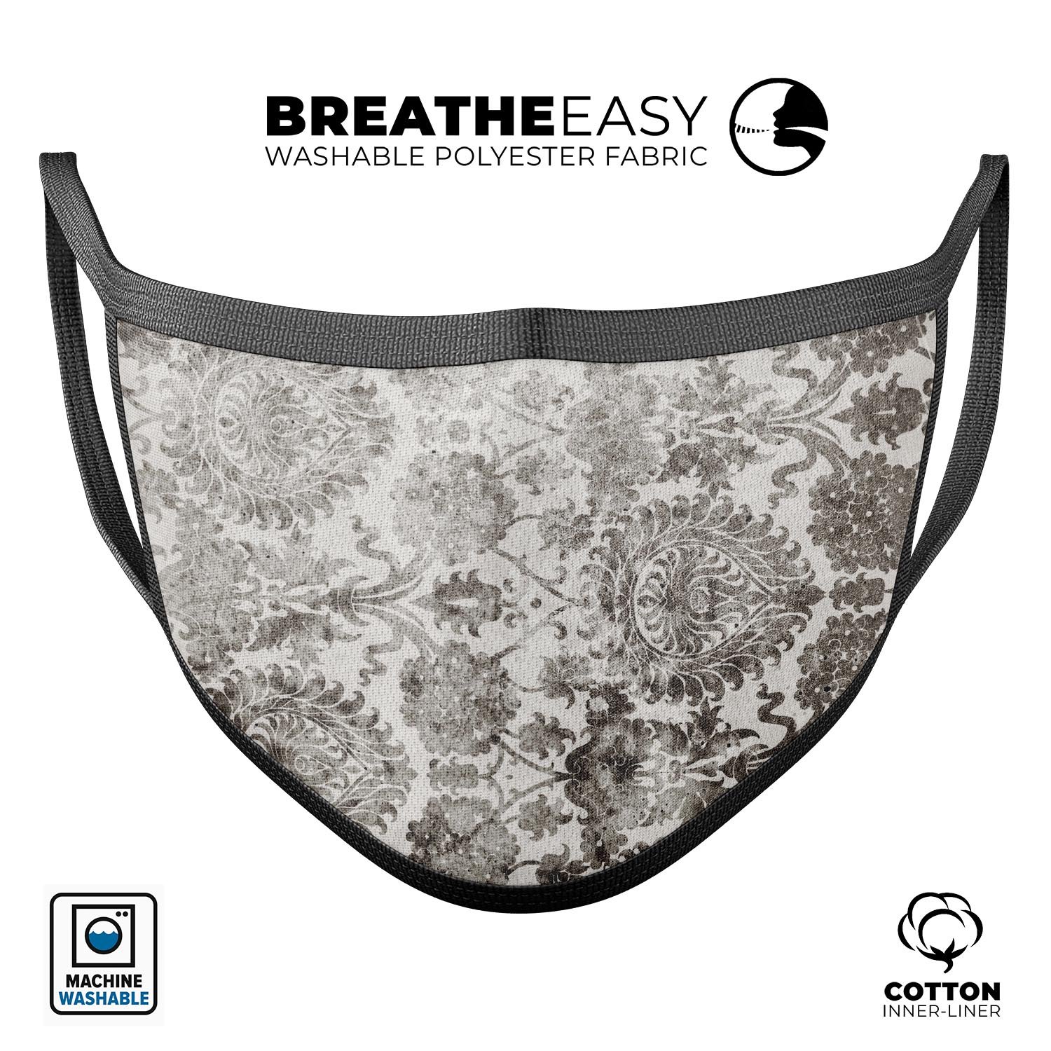 Black and white cauliflower damask pattern reusable mouth cover, showcasing intricate design and adjustable ear loops.