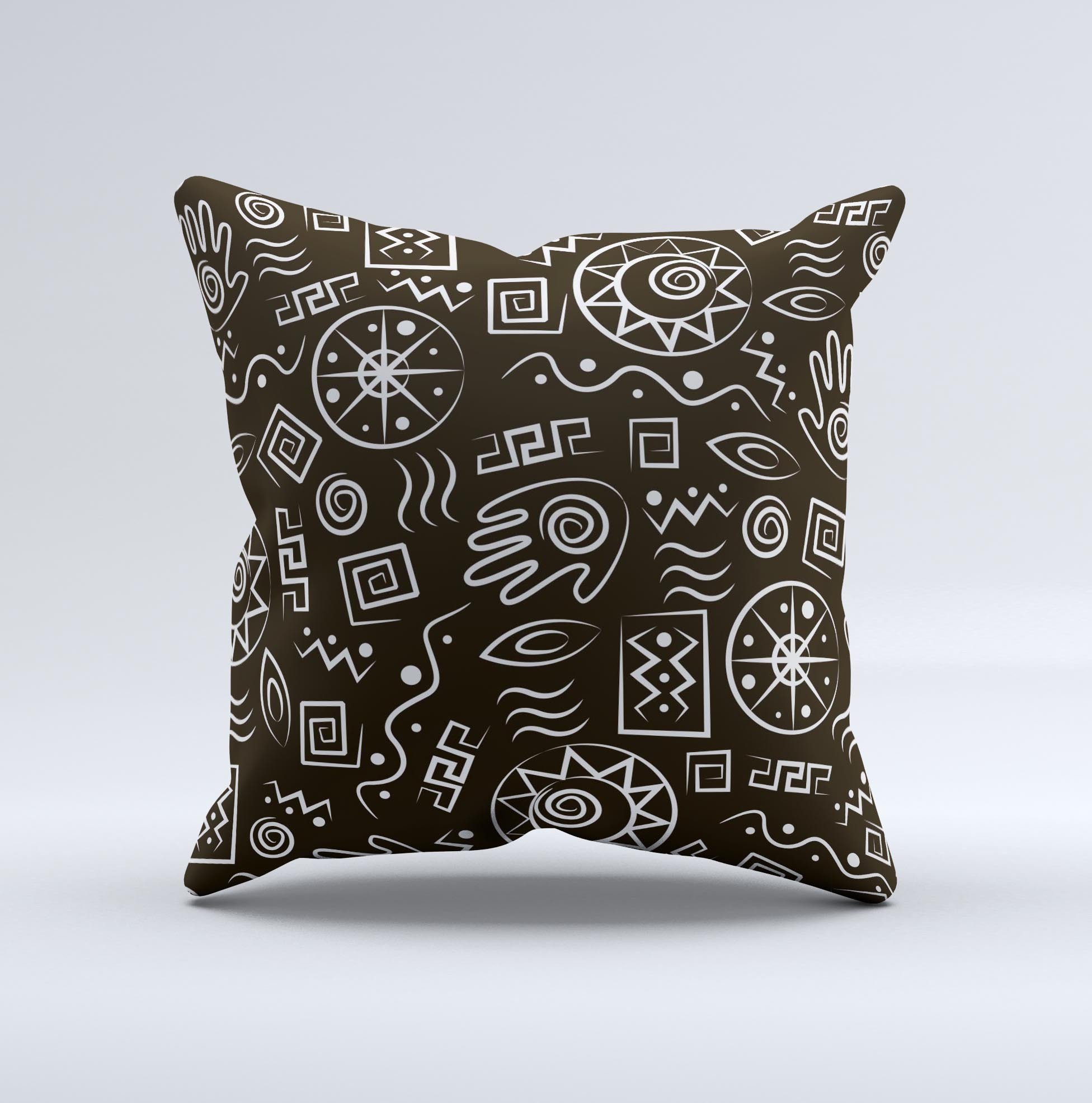 Black and White Decorative Throw Pillow featuring unique cave symbols design, handcrafted in Virginia with high thread count fabric.