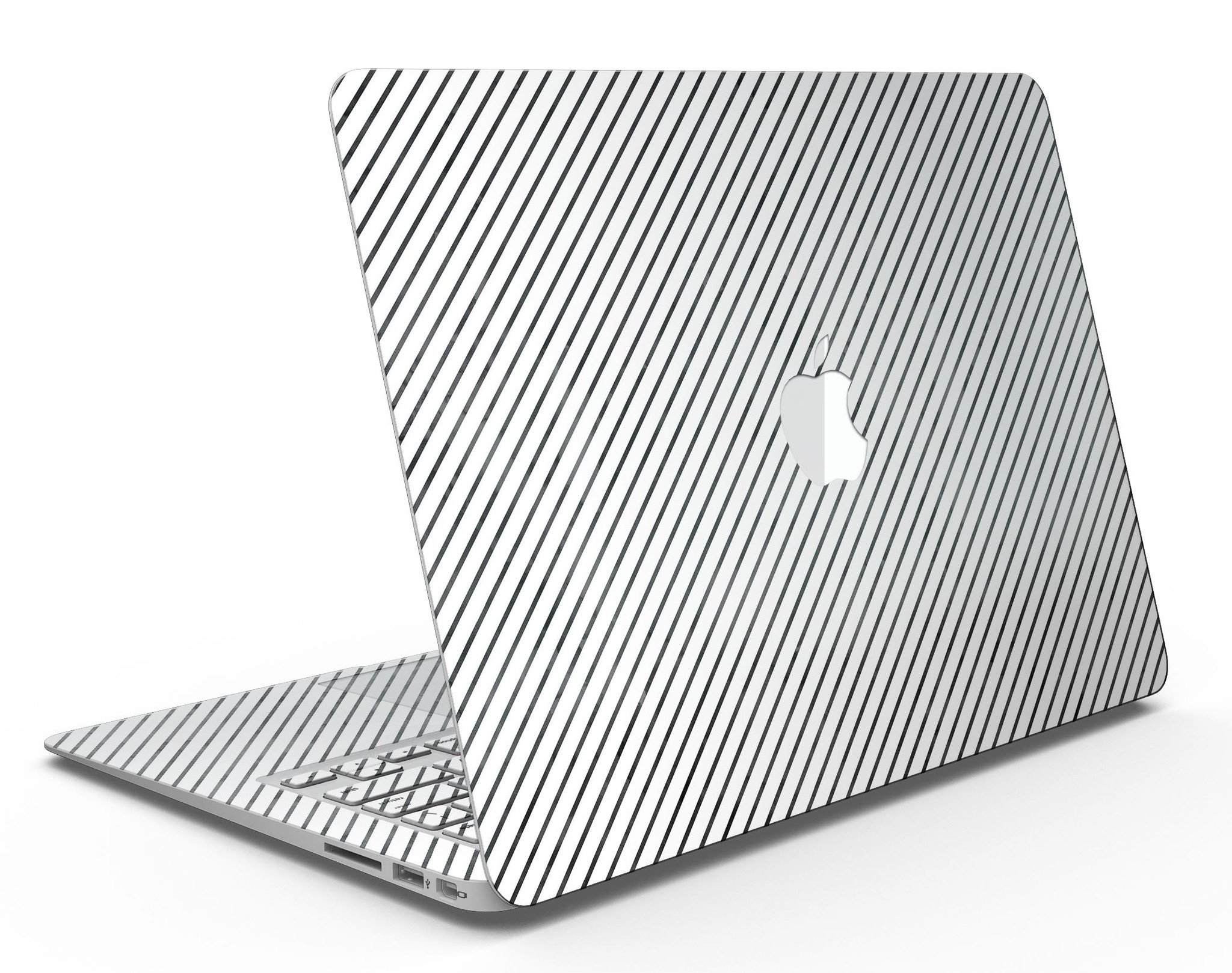 Black and white diagonal stripes skin kit for MacBook Air, showcasing a stylish design that protects the device from scratches.