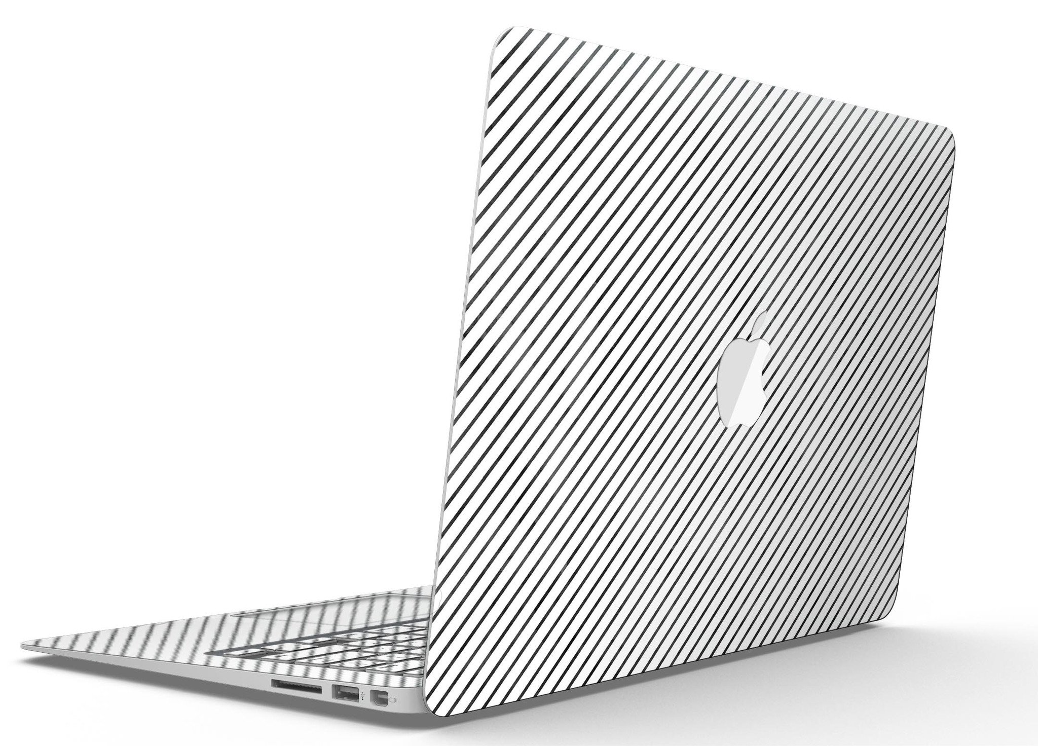 Black and white diagonal stripes skin kit for MacBook Air, showcasing a stylish design that protects the device from scratches.