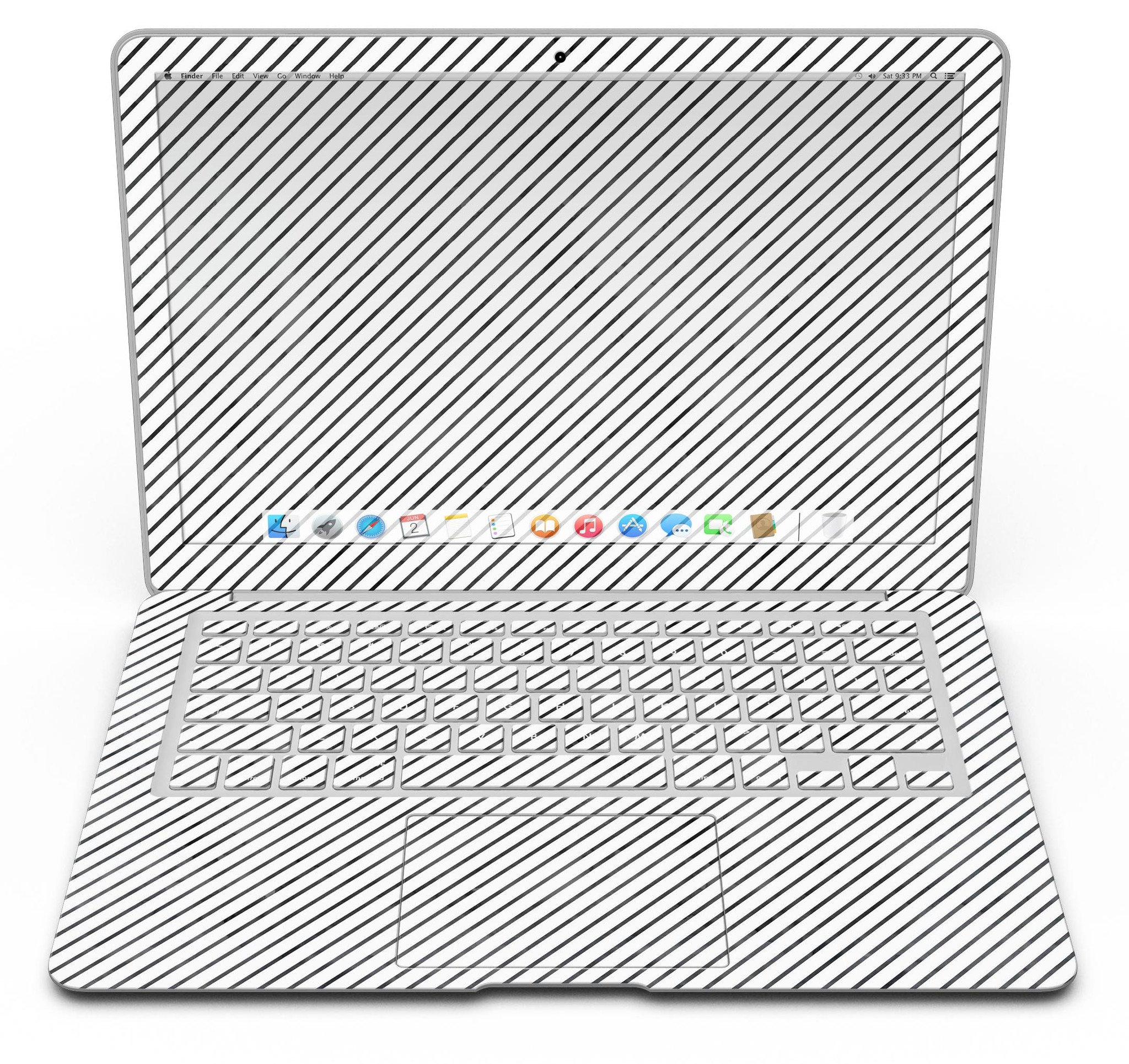 Black and white diagonal stripes skin kit for MacBook Air, showcasing a stylish design that protects the device from scratches.