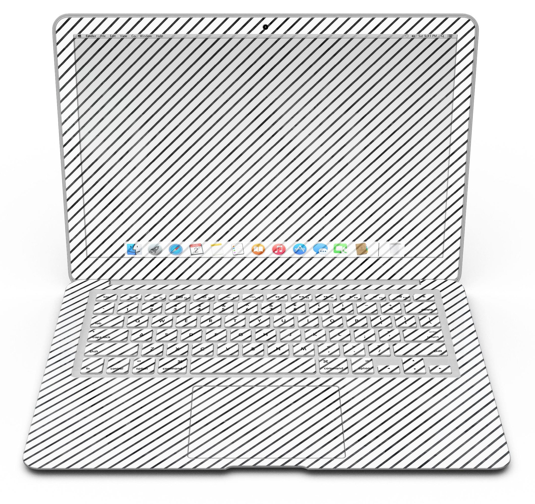 Black and white diagonal stripes skin kit for MacBook Air, showcasing a stylish design that protects the device from scratches.