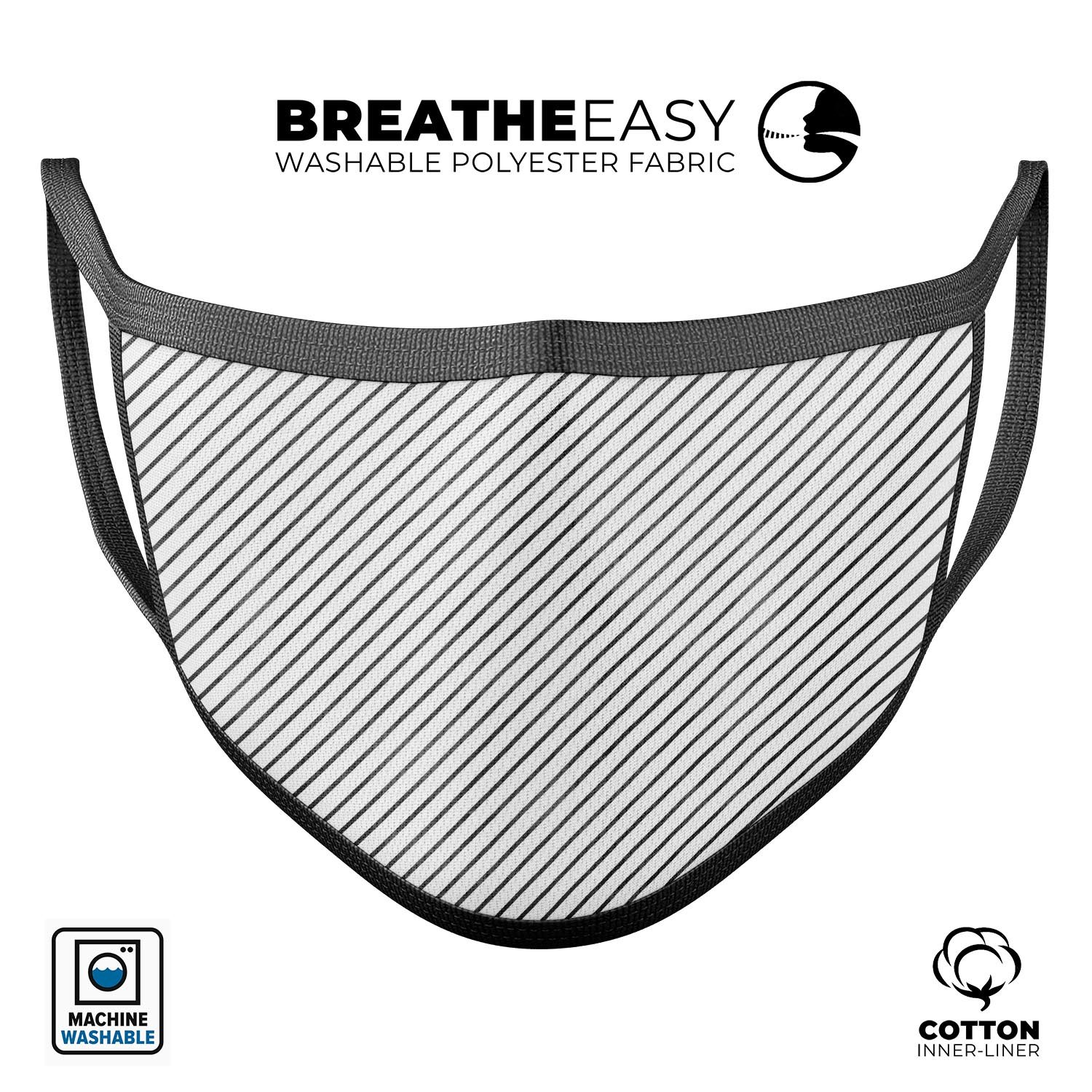 Black and white diagonal stripes reusable mouth cover, made in the USA, featuring adjustable ear loops and soft cotton interior.