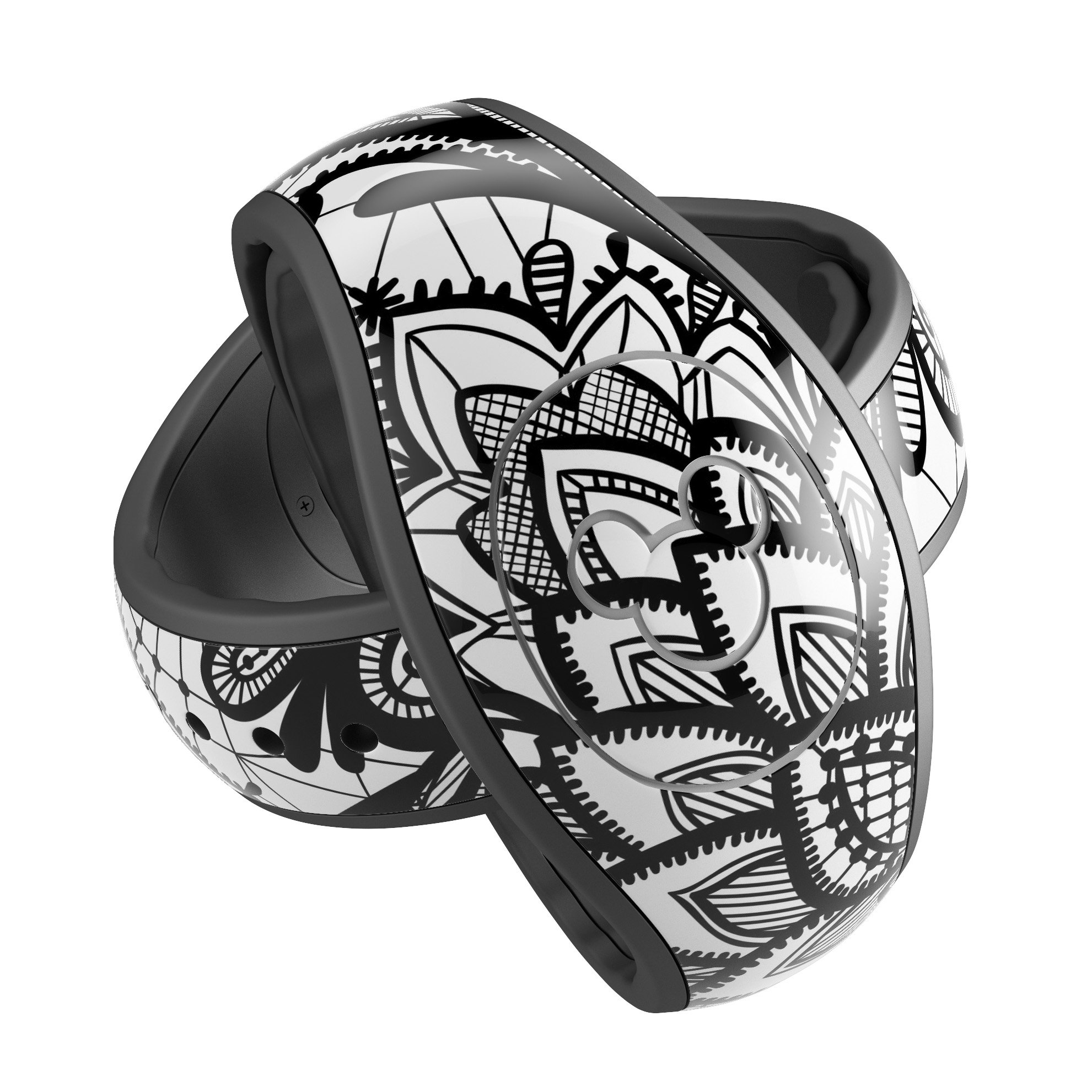 Black and white geometric floral decal skin wrap for Disney Magic Band, showcasing a stylish design and high-quality finish.