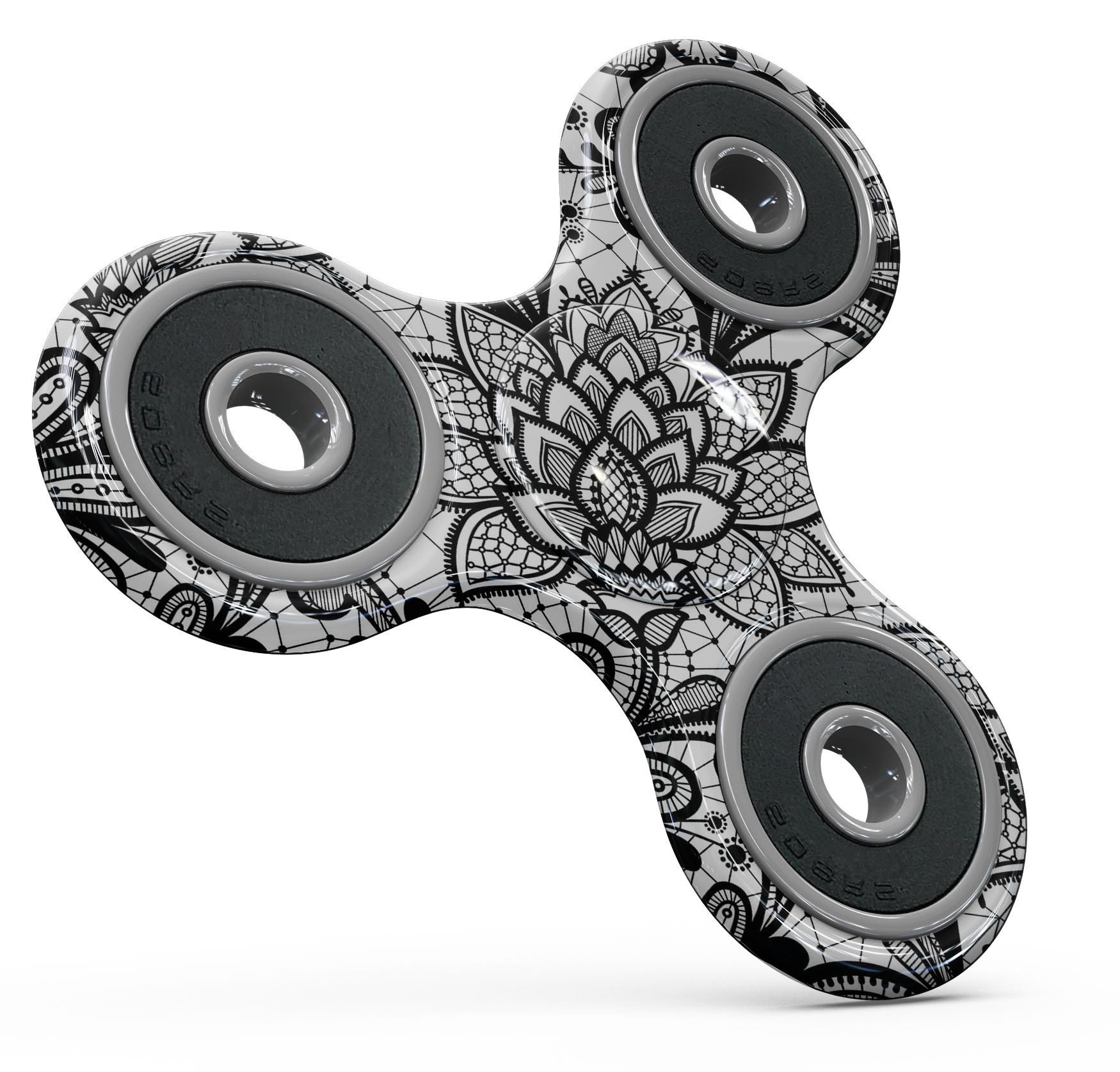 Black and white geometric floral design skin kit for fidget spinner, showcasing a stylish and protective vinyl cover.