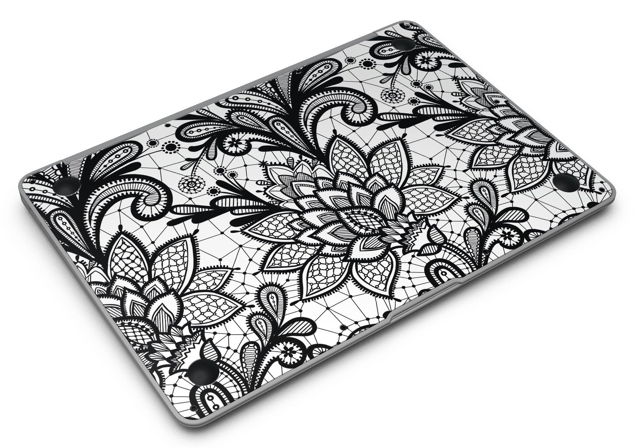 Black and white geometric floral skin for MacBook Air, showcasing a stylish design that protects the device.