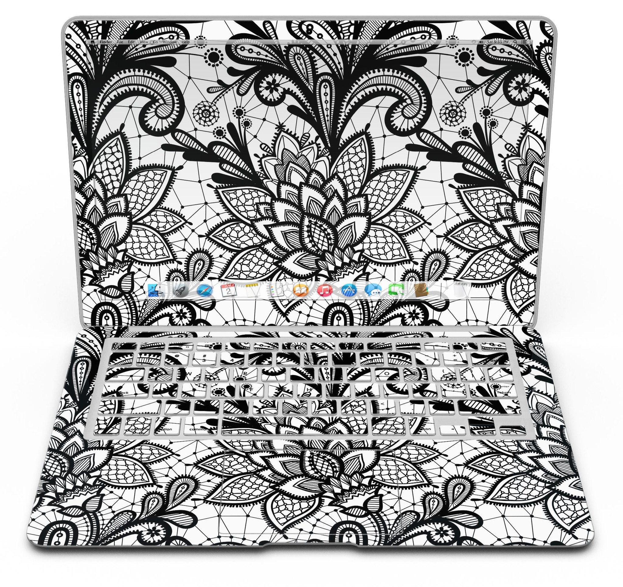 Black and white geometric floral skin for MacBook Air, showcasing a stylish design that protects the device.