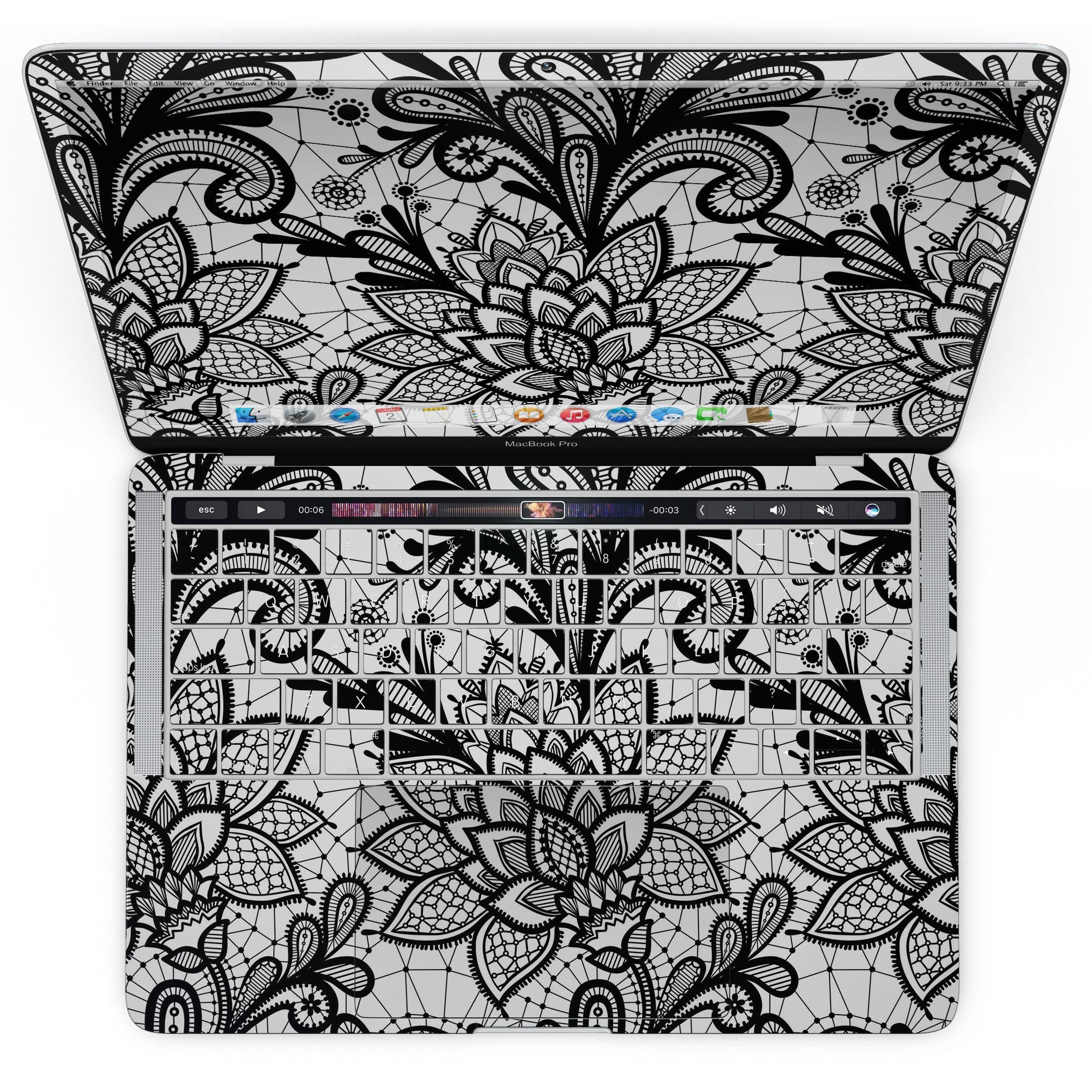 Black and White Geometric Floral skin kit for MacBook Pro with Touch Bar, showcasing a stylish design that fits perfectly on the device.