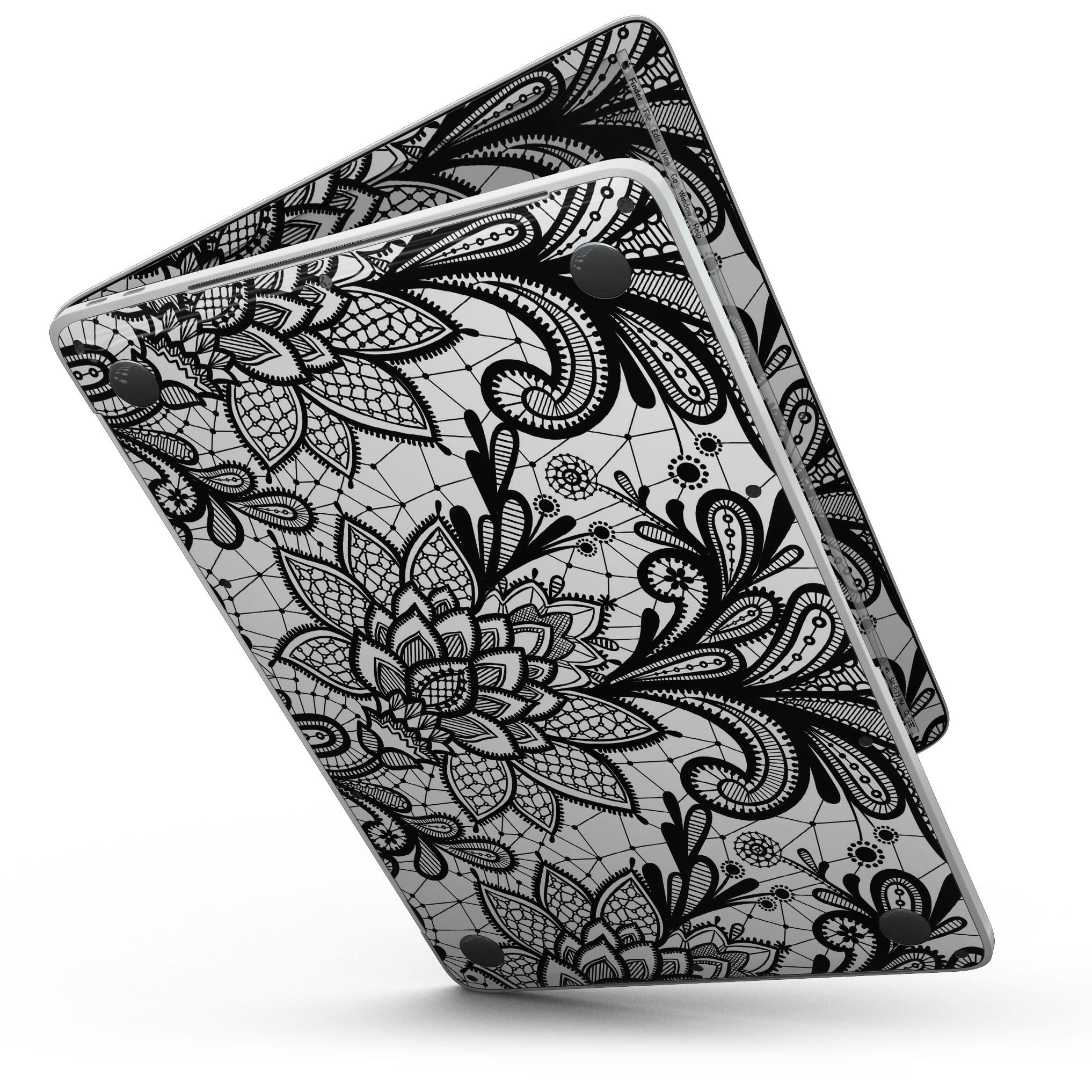 Black and White Geometric Floral skin kit for MacBook Pro with Touch Bar, showcasing a stylish design that fits perfectly on the device.