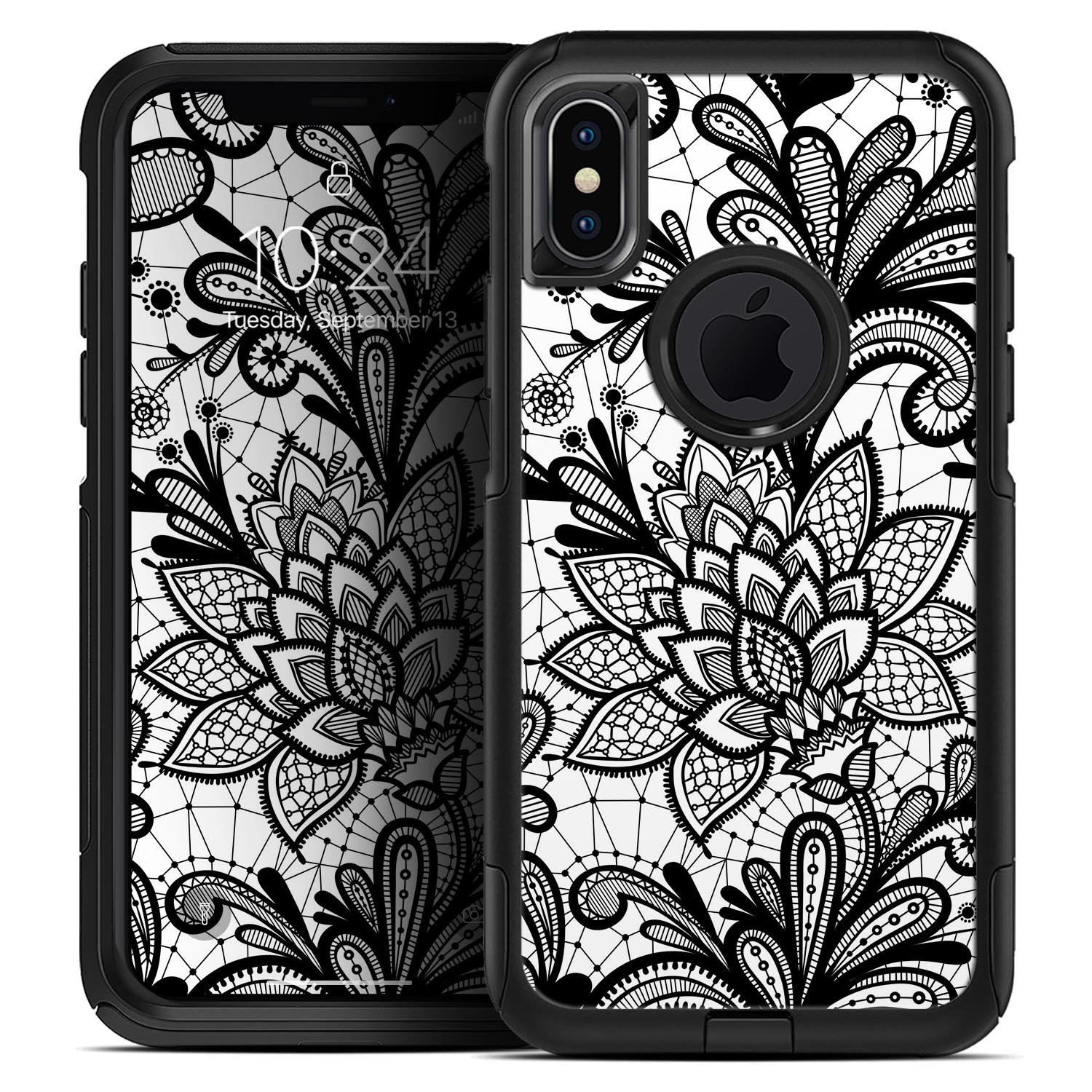 Black and White Geometric Floral Skin Kit for iPhone OtterBox, showcasing a stylish floral design on a sleek surface.