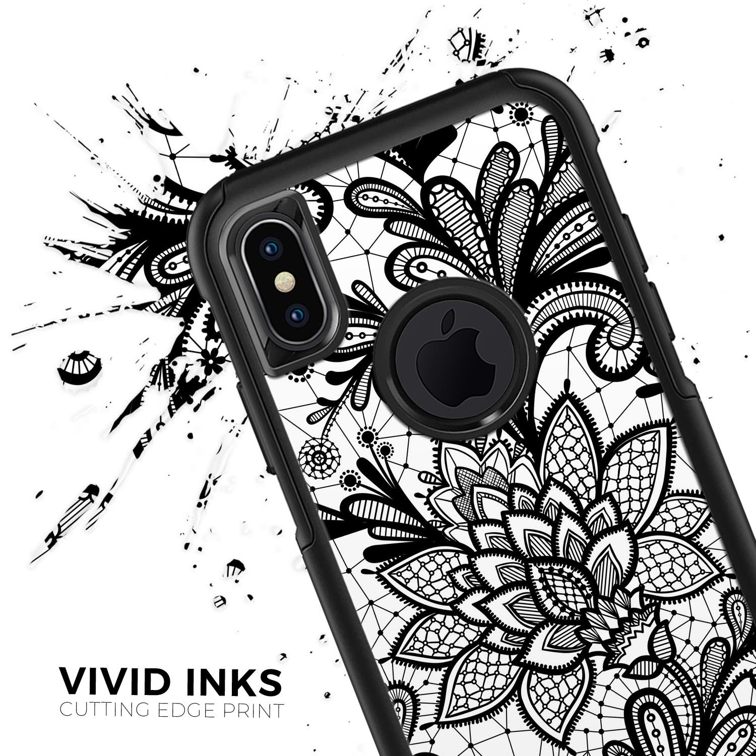 Black and White Geometric Floral Skin Kit for iPhone OtterBox, showcasing a stylish floral design on a sleek surface.