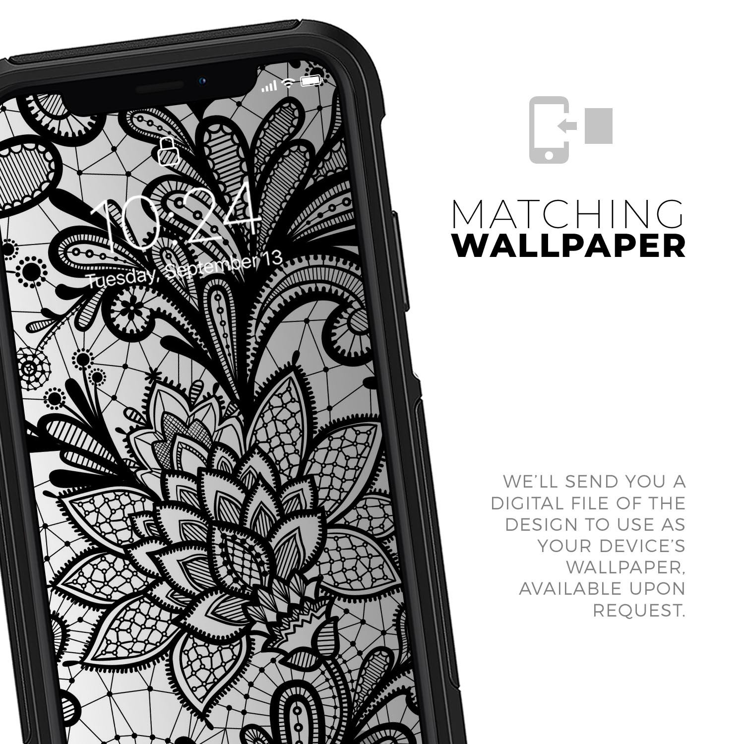 Black and White Geometric Floral Skin Kit for iPhone OtterBox, showcasing a stylish floral design on a sleek surface.