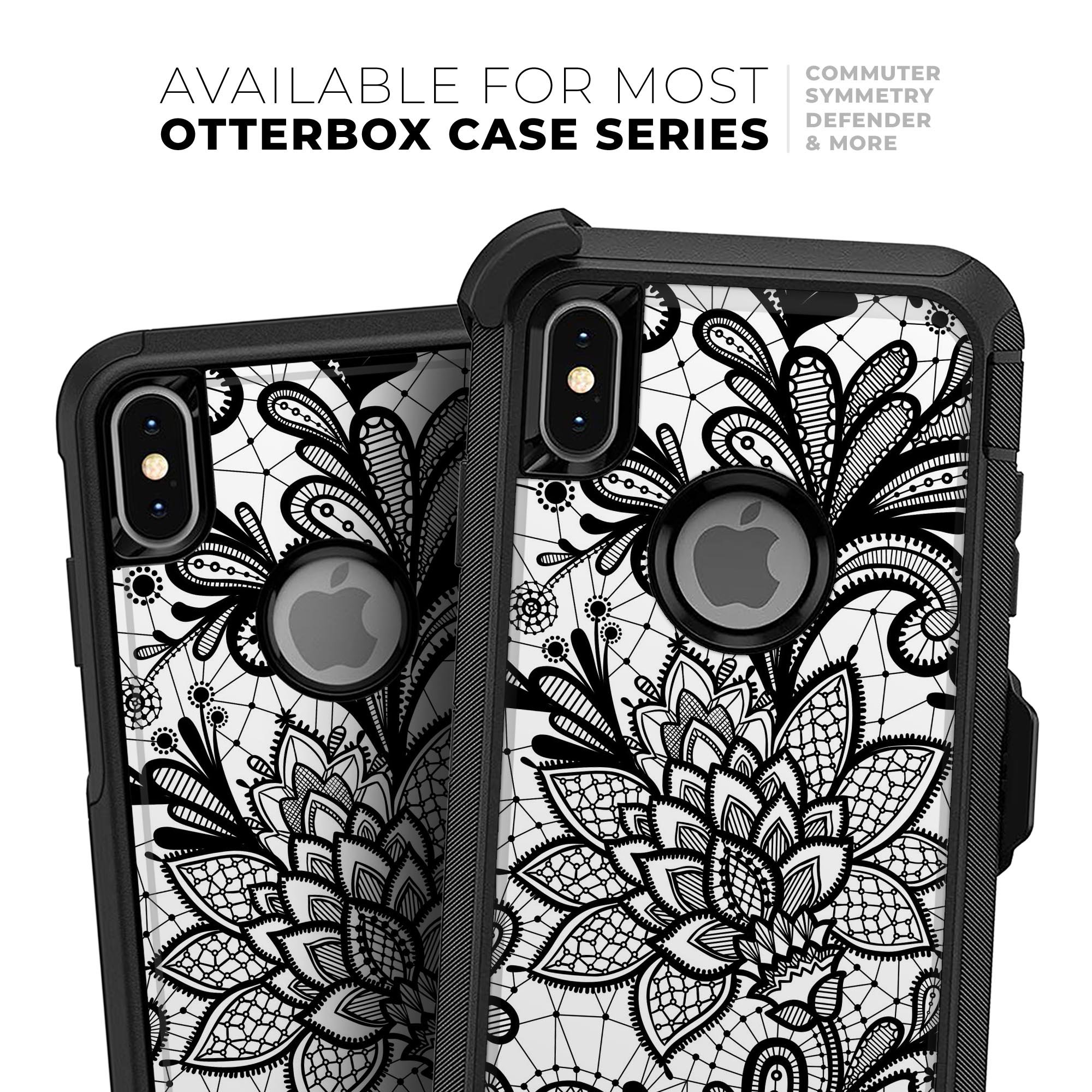 Black and White Geometric Floral Skin Kit for iPhone OtterBox, showcasing a stylish floral design on a sleek surface.