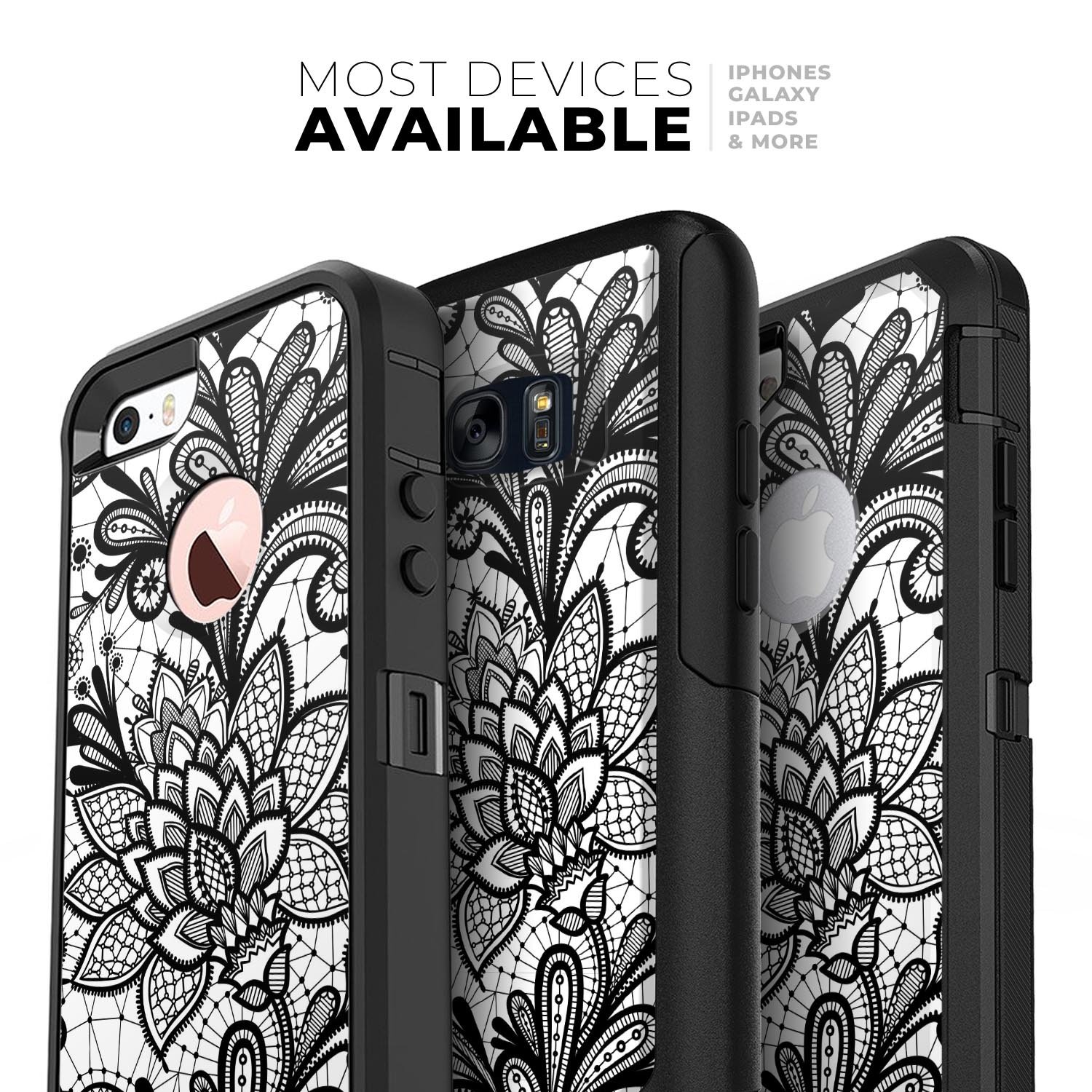 Black and White Geometric Floral Skin Kit for iPhone OtterBox, showcasing a stylish floral design on a sleek surface.