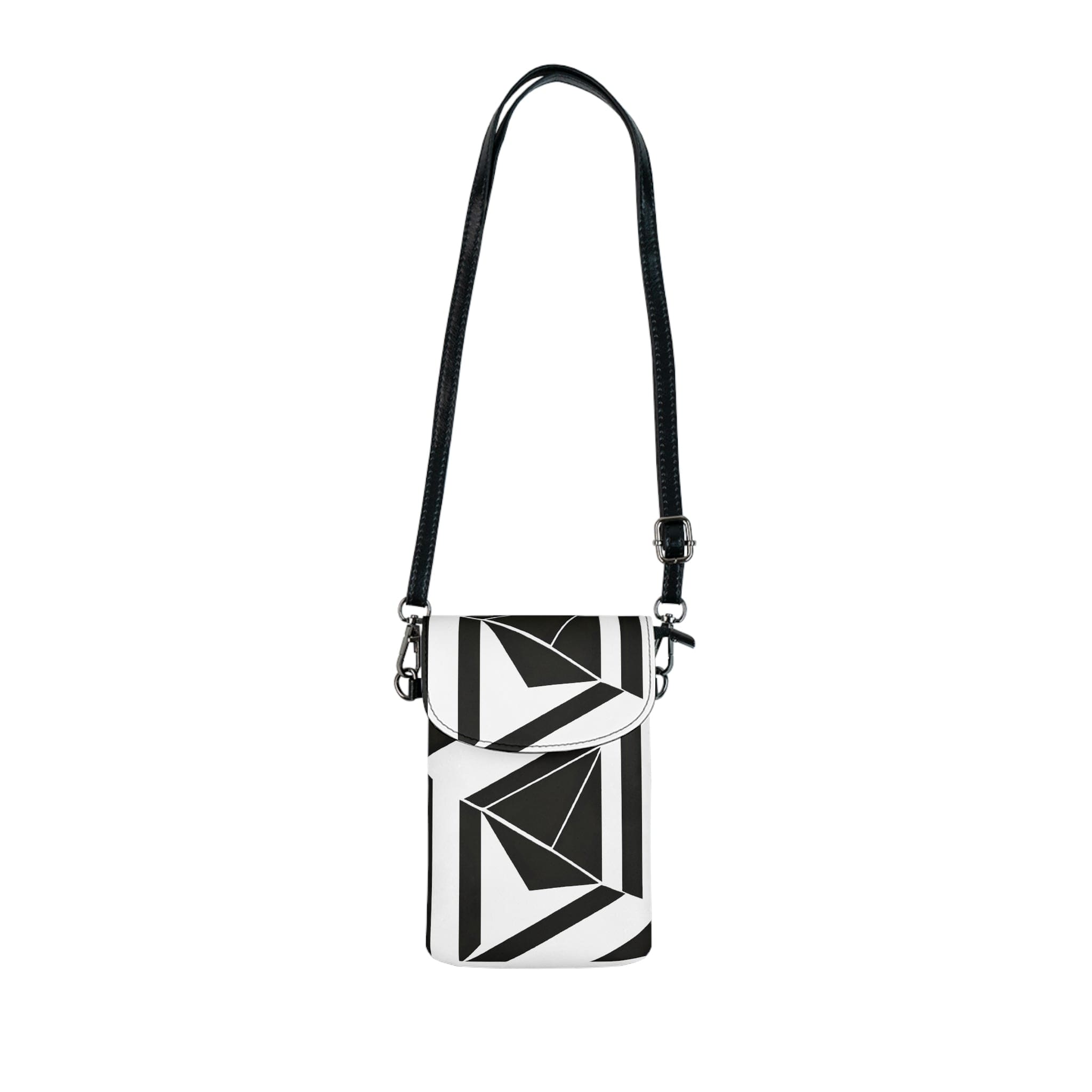 Black and white geometric pattern crossbody cell phone wallet purse with adjustable strap and multiple compartments.